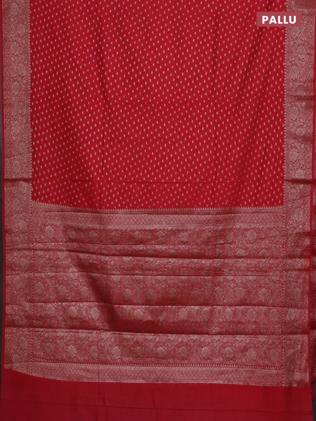 Banarasi semi chiniya saree red with allover thread & zari woven buttas and woven border - Image 3
