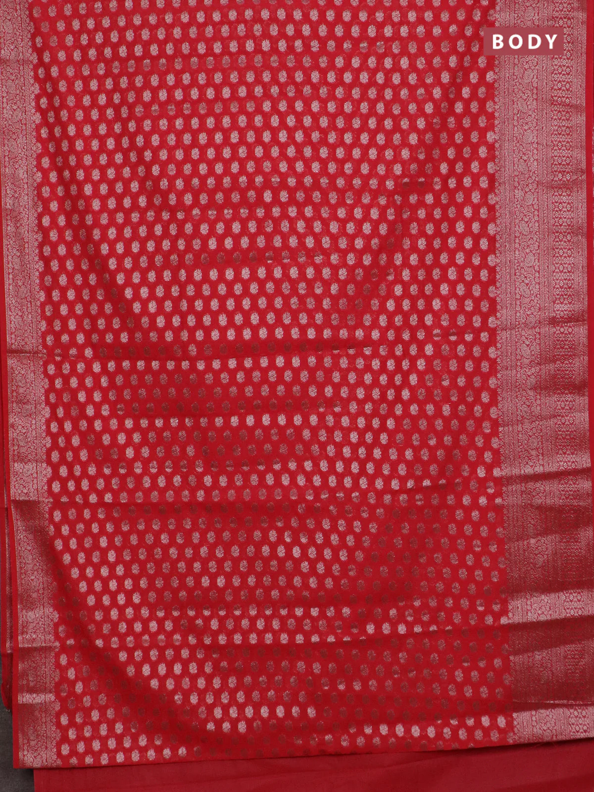 Banarasi semi chiniya saree red with allover thread & zari woven buttas and woven border - Image 2