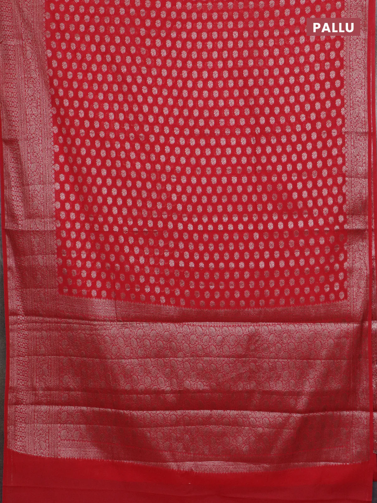 Banarasi semi chiniya saree red with allover thread & zari woven buttas and woven border - Image 3