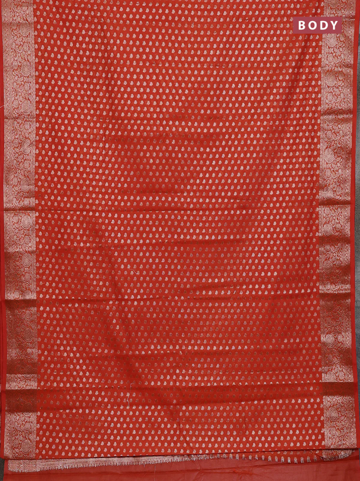 Banarasi semi chiniya saree rustic orange with allover thread & zari woven buttas and woven border - Image 2