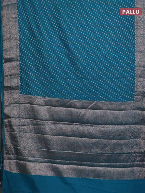 Banarasi semi chiniya saree teal blue shade with allover thread & zari woven buttas and woven border - Image 3