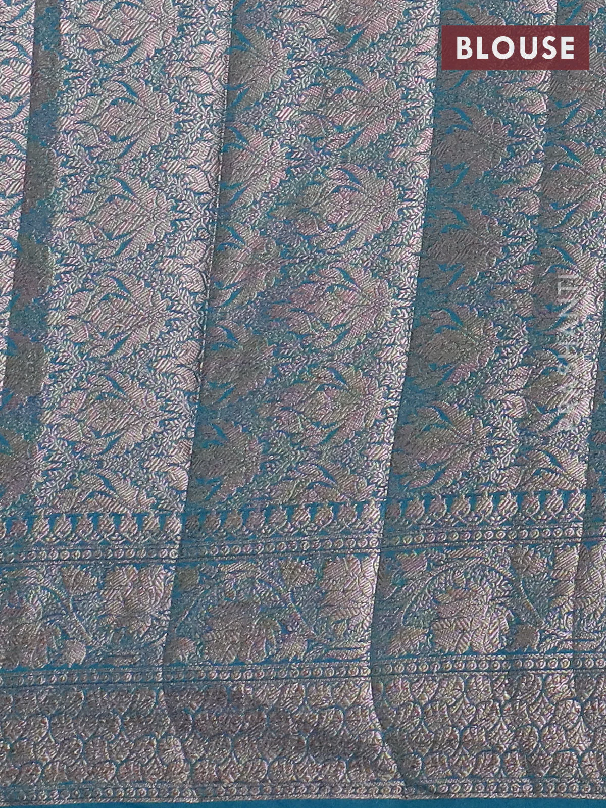 Banarasi semi chiniya saree teal blue shade with allover thread & zari woven buttas and woven border - Image 4