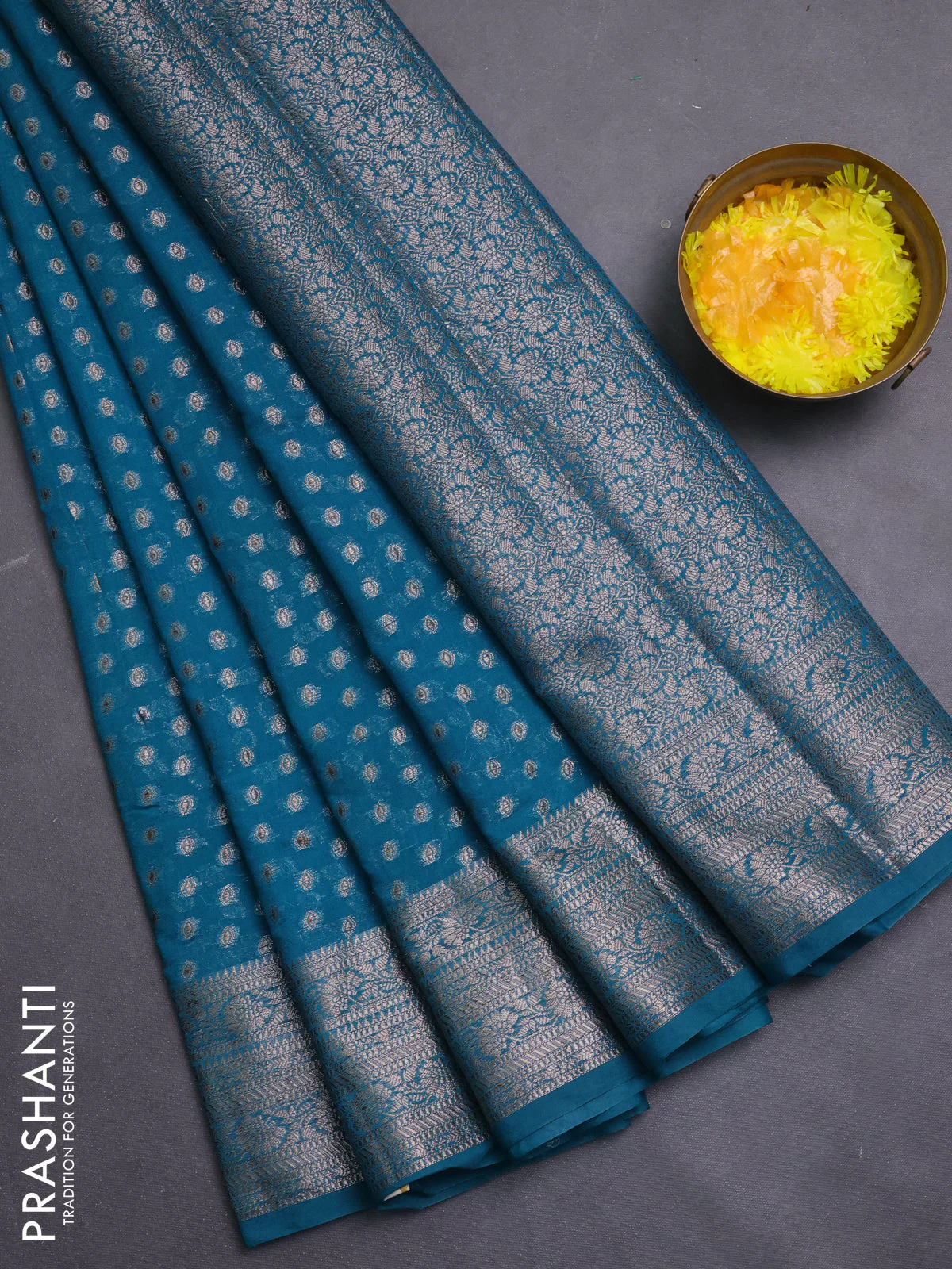 Banarasi semi chiniya saree teal blue with allover thread & zari woven buttas and woven border