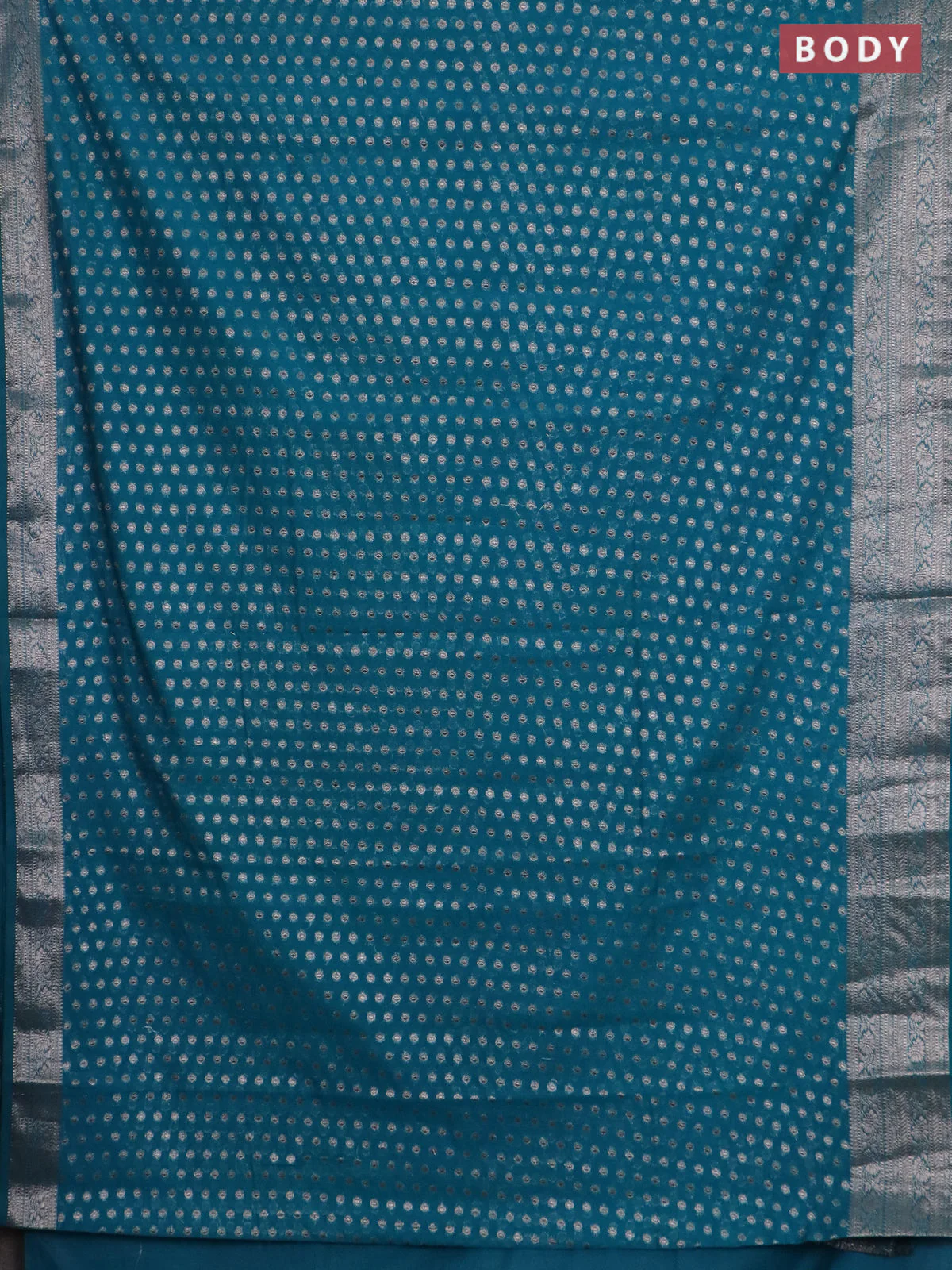 Banarasi semi chiniya saree teal blue with allover thread & zari woven buttas and woven border - Image 2