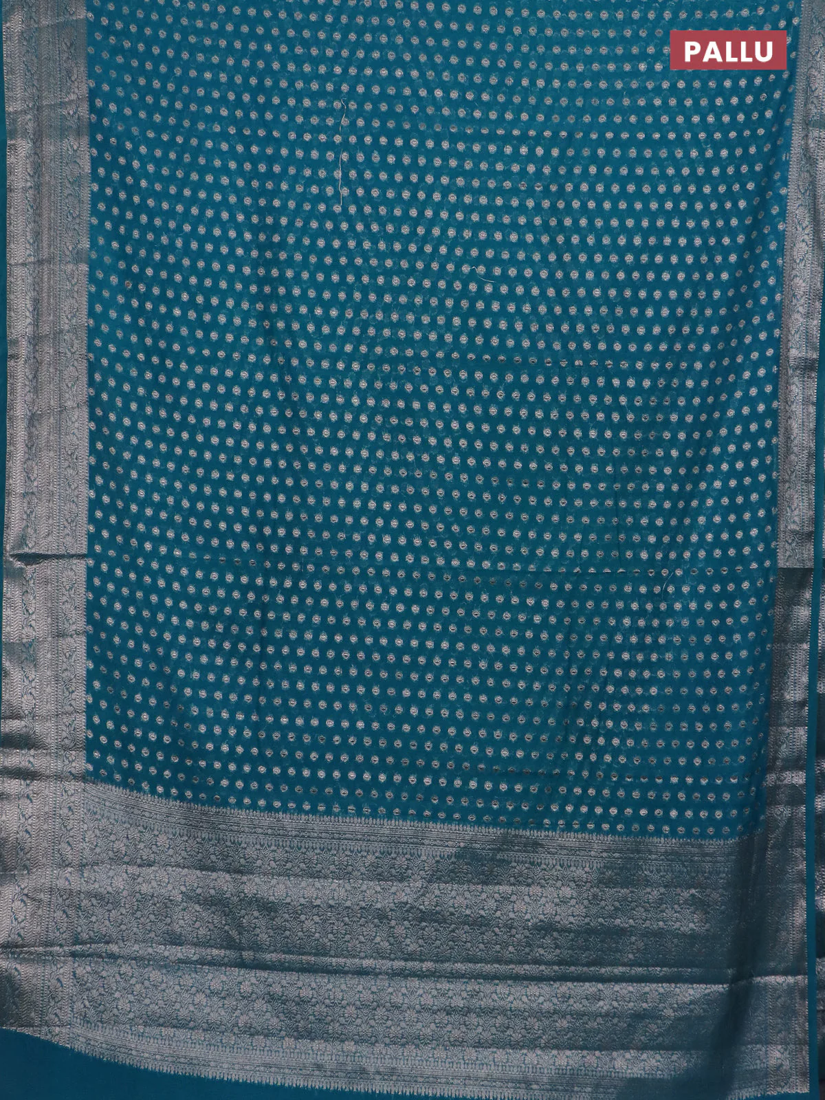 Banarasi semi chiniya saree teal blue with allover thread & zari woven buttas and woven border - Image 3