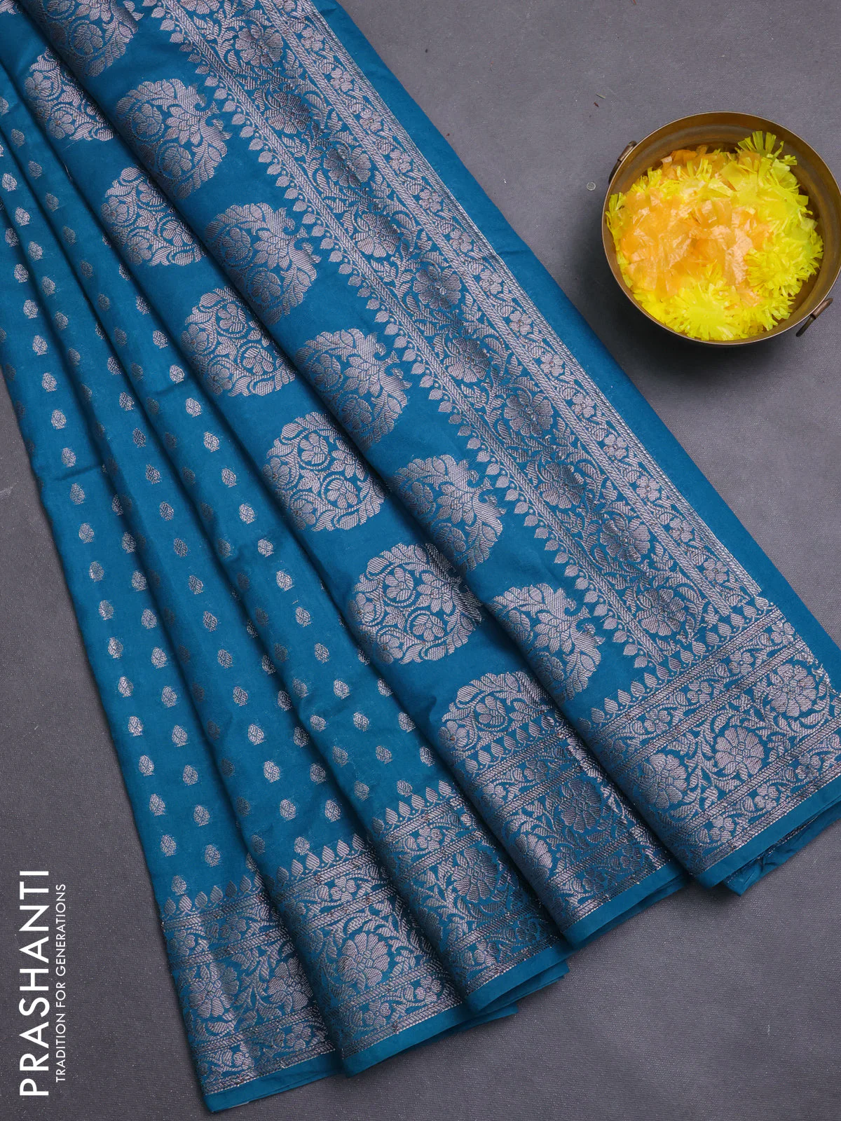 Banarasi semi chiniya saree teal blue with allover thread & zari woven buttas and woven border