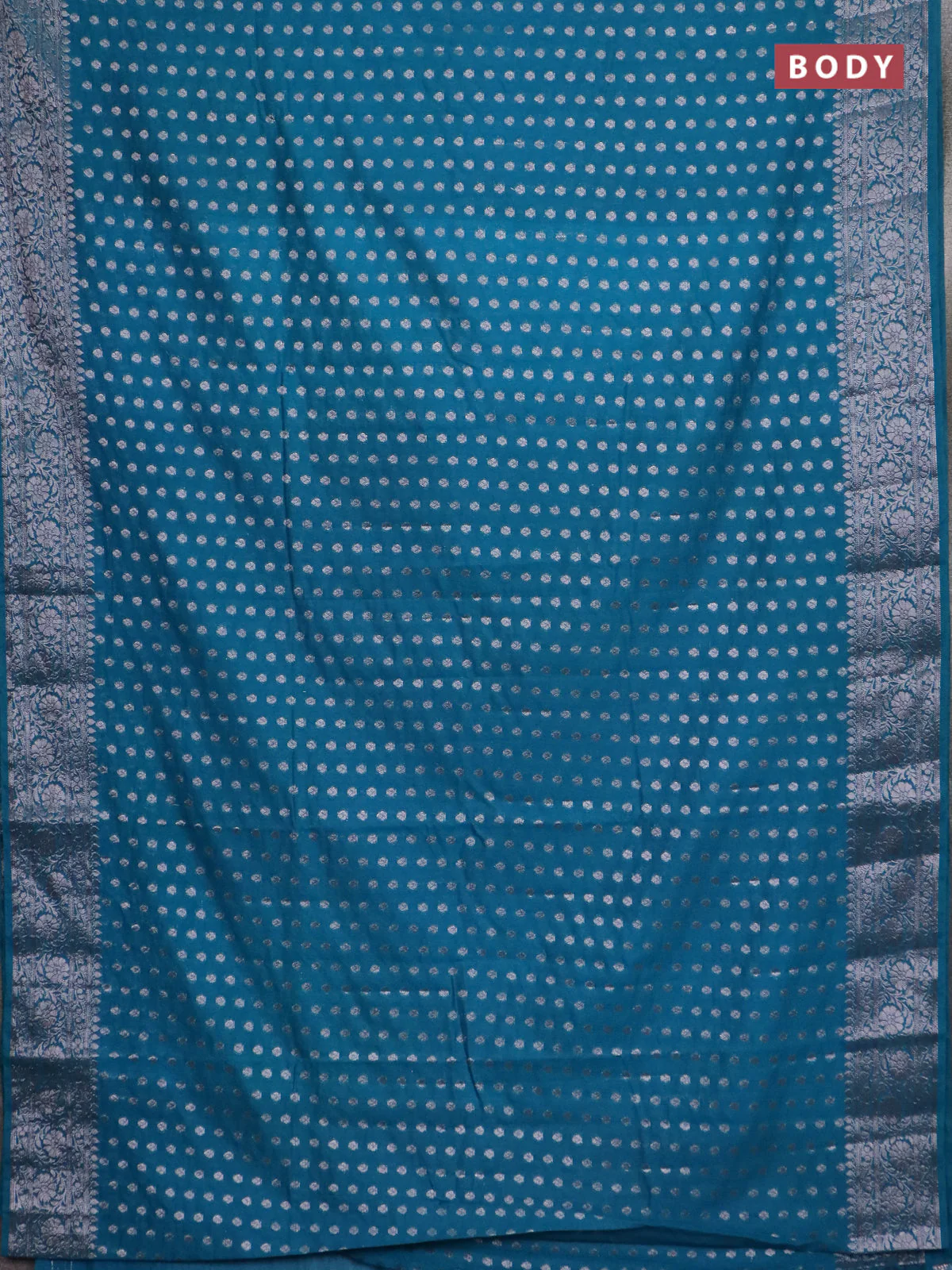 Banarasi semi chiniya saree teal blue with allover thread & zari woven buttas and woven border - Image 2