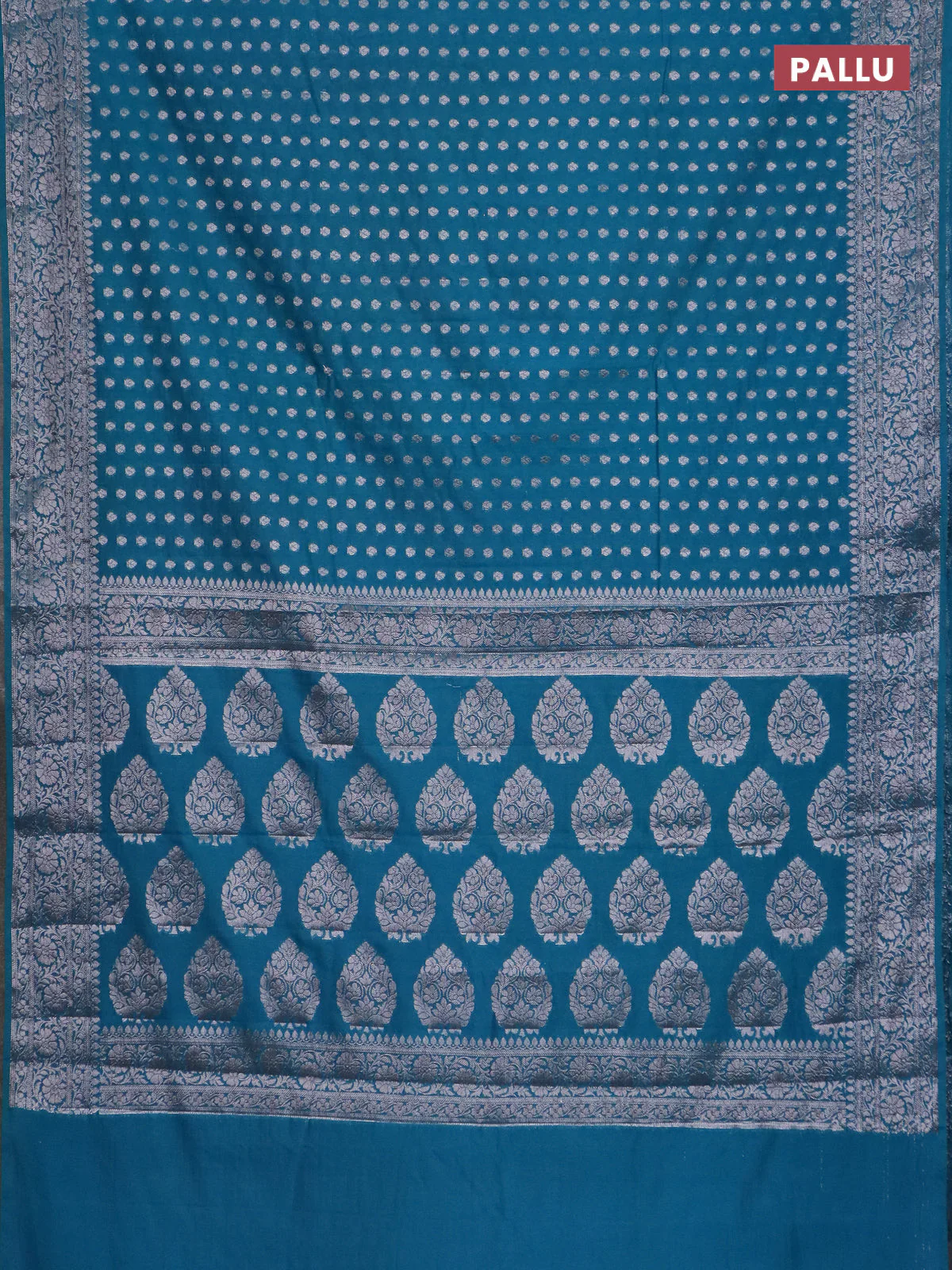 Banarasi semi chiniya saree teal blue with allover thread & zari woven buttas and woven border - Image 3