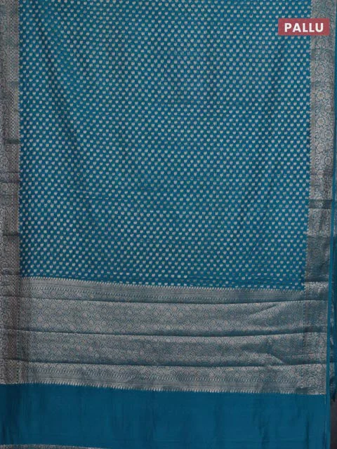 Banarasi semi chiniya saree teal blue with allover thread & zari woven paisley buttas and woven border - Image 3