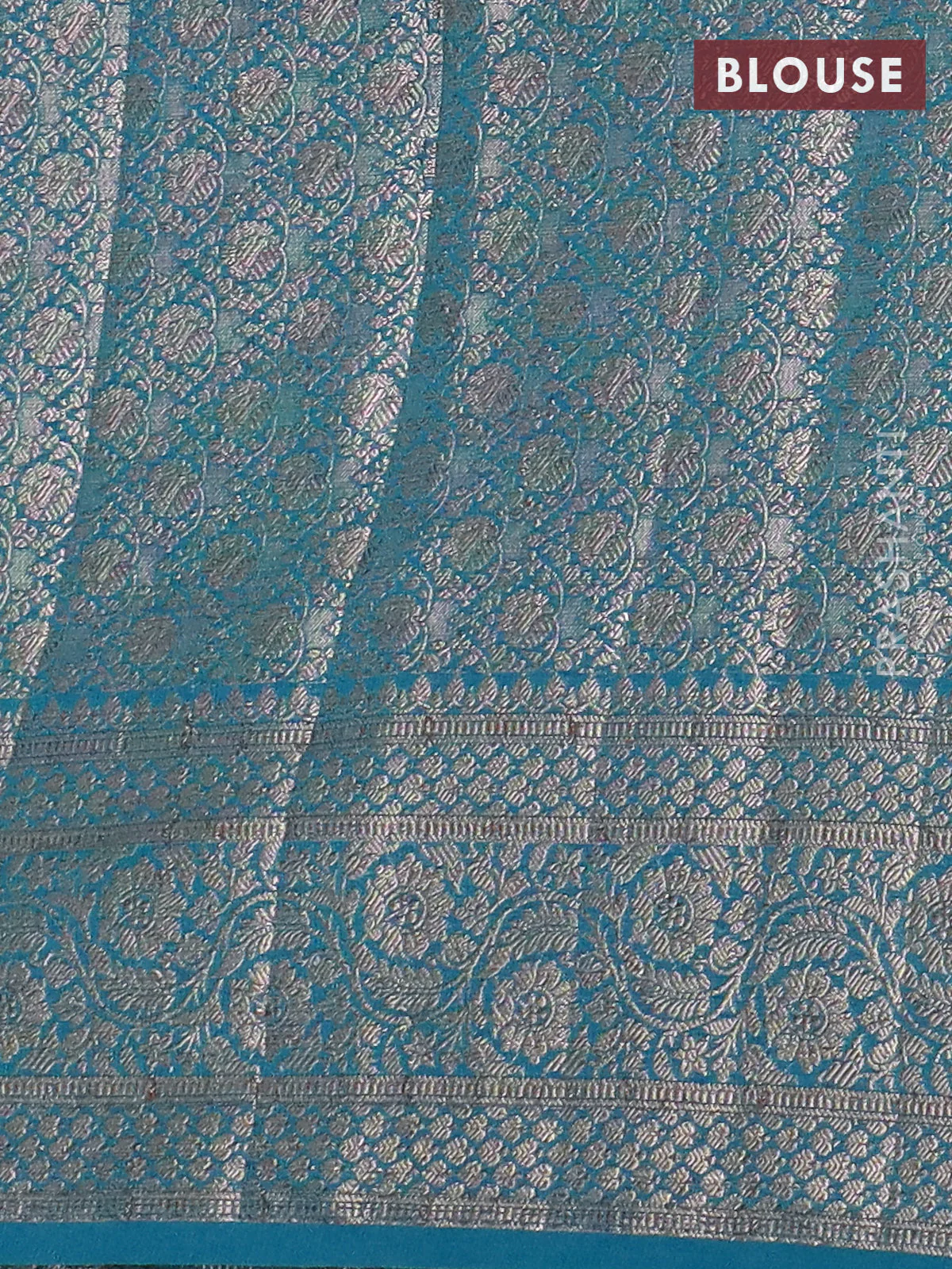 Banarasi semi chiniya saree teal blue with allover thread & zari woven paisley buttas and woven border - Image 4