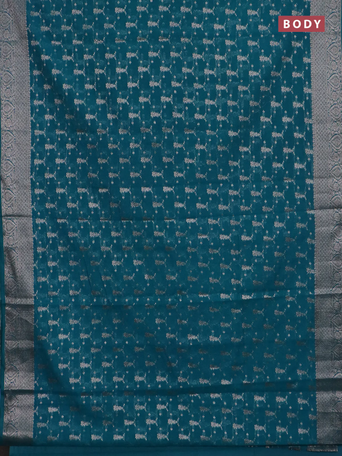 Banarasi semi chiniya saree teal green shade with allover thread & zari weaves and woven border - Image 2