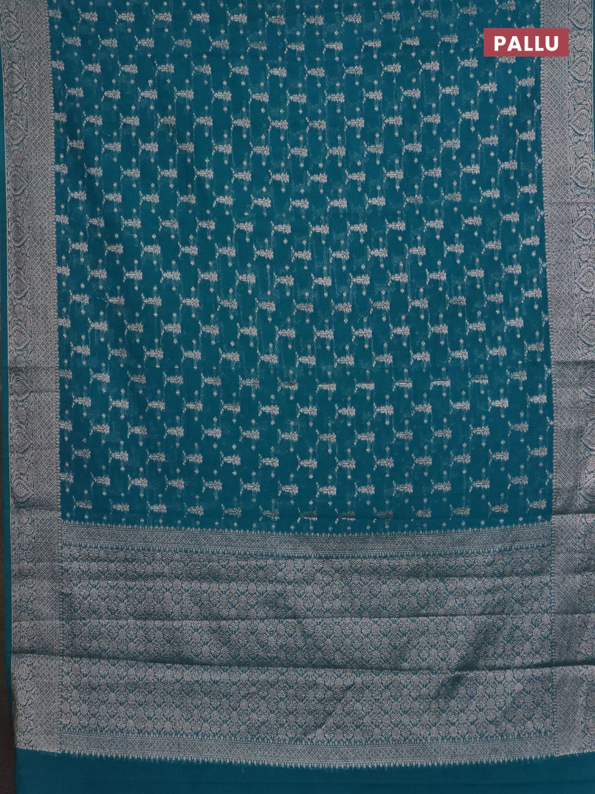 Banarasi semi chiniya saree teal green shade with allover thread & zari weaves and woven border - Image 3