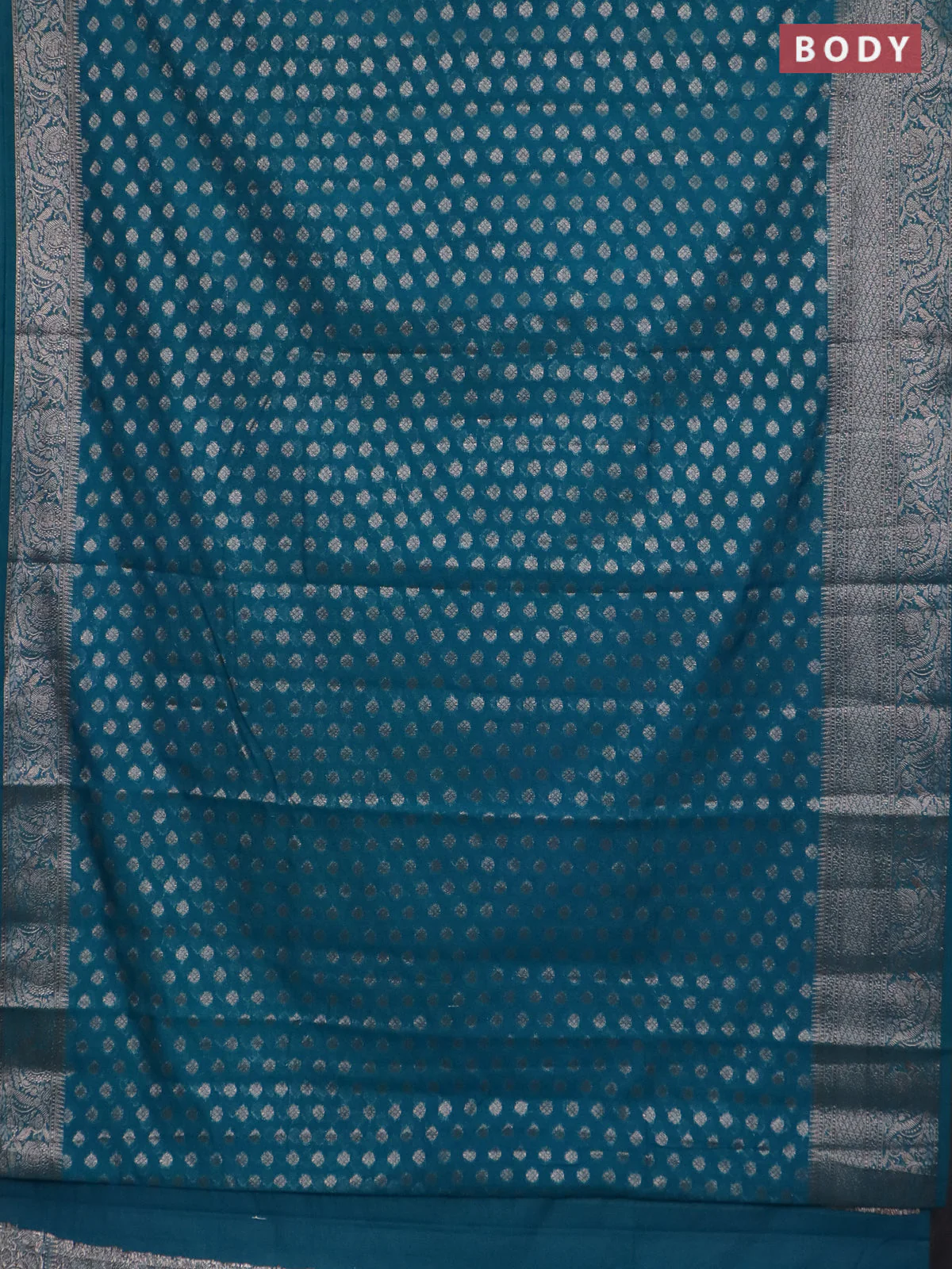 Banarasi semi chiniya saree teal green shade with allover thread & zari woven buttas and woven border - Image 2
