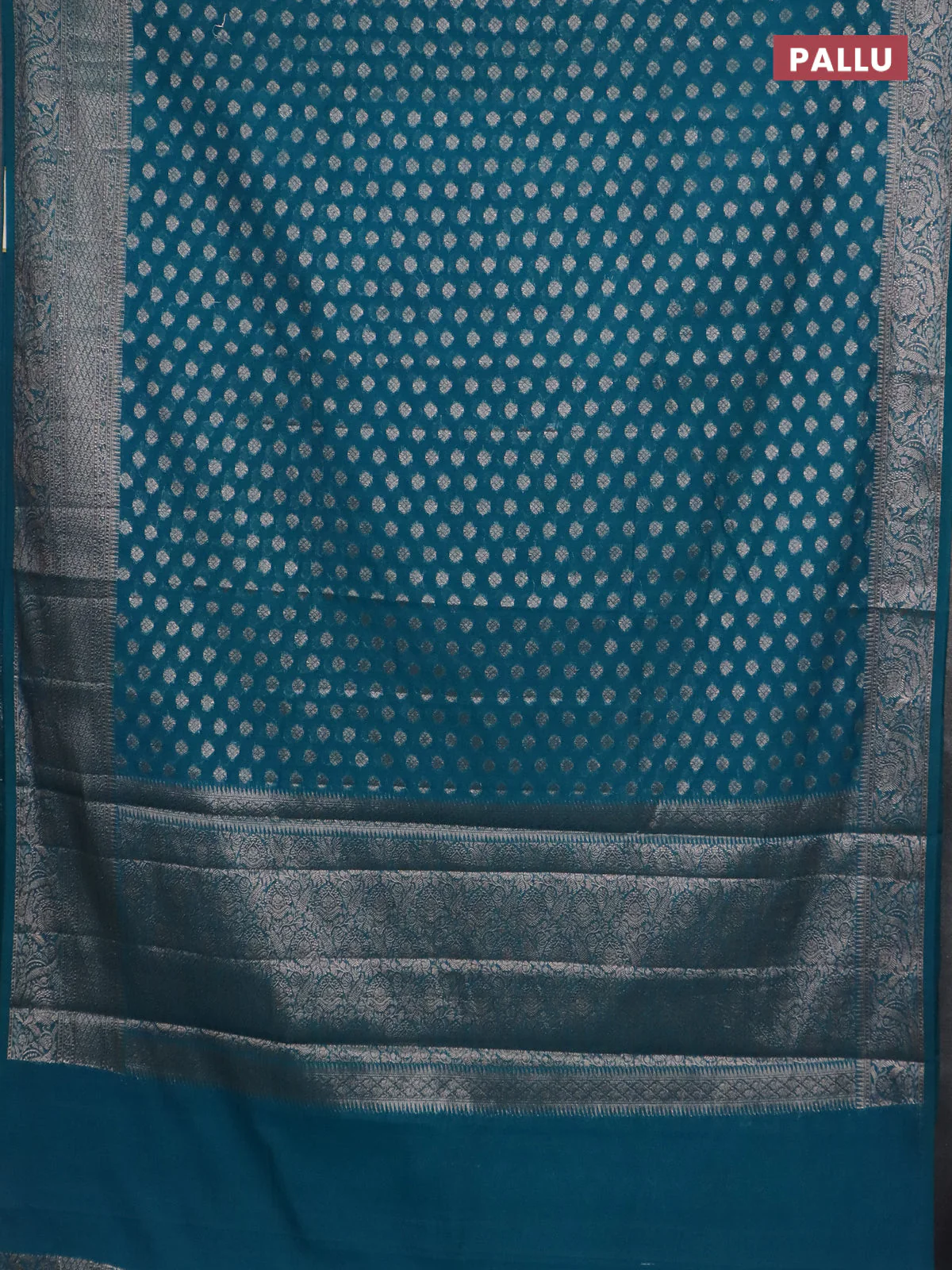 Banarasi semi chiniya saree teal green shade with allover thread & zari woven buttas and woven border - Image 3