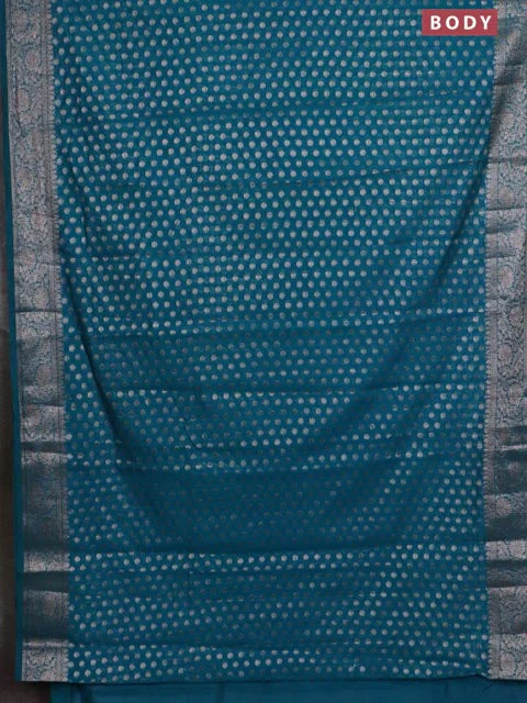Banarasi semi chiniya saree teal green shade with allover thread & zari woven buttas and woven border - Image 2