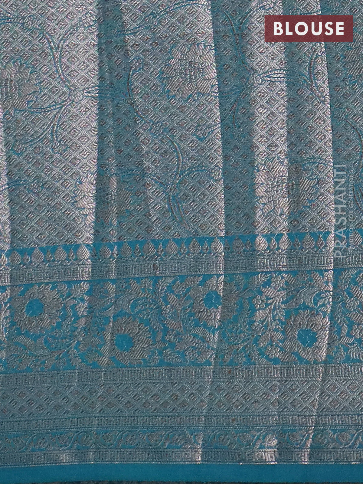 Banarasi semi chiniya saree teal green shade with allover thread & zari woven buttas and woven border - Image 4