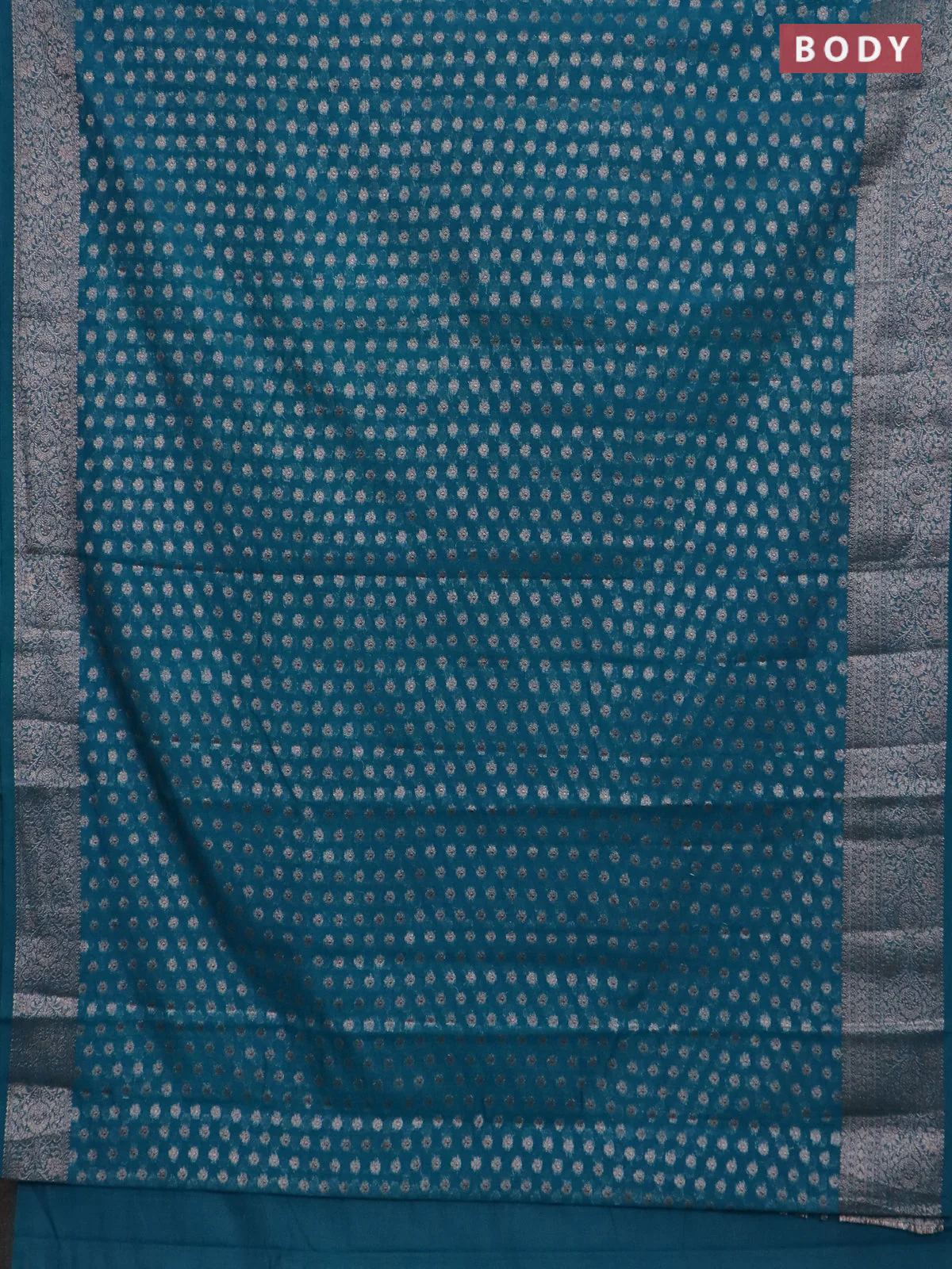 Banarasi semi chiniya saree teal green shade with allover thread & zari woven buttas and woven border - Image 2