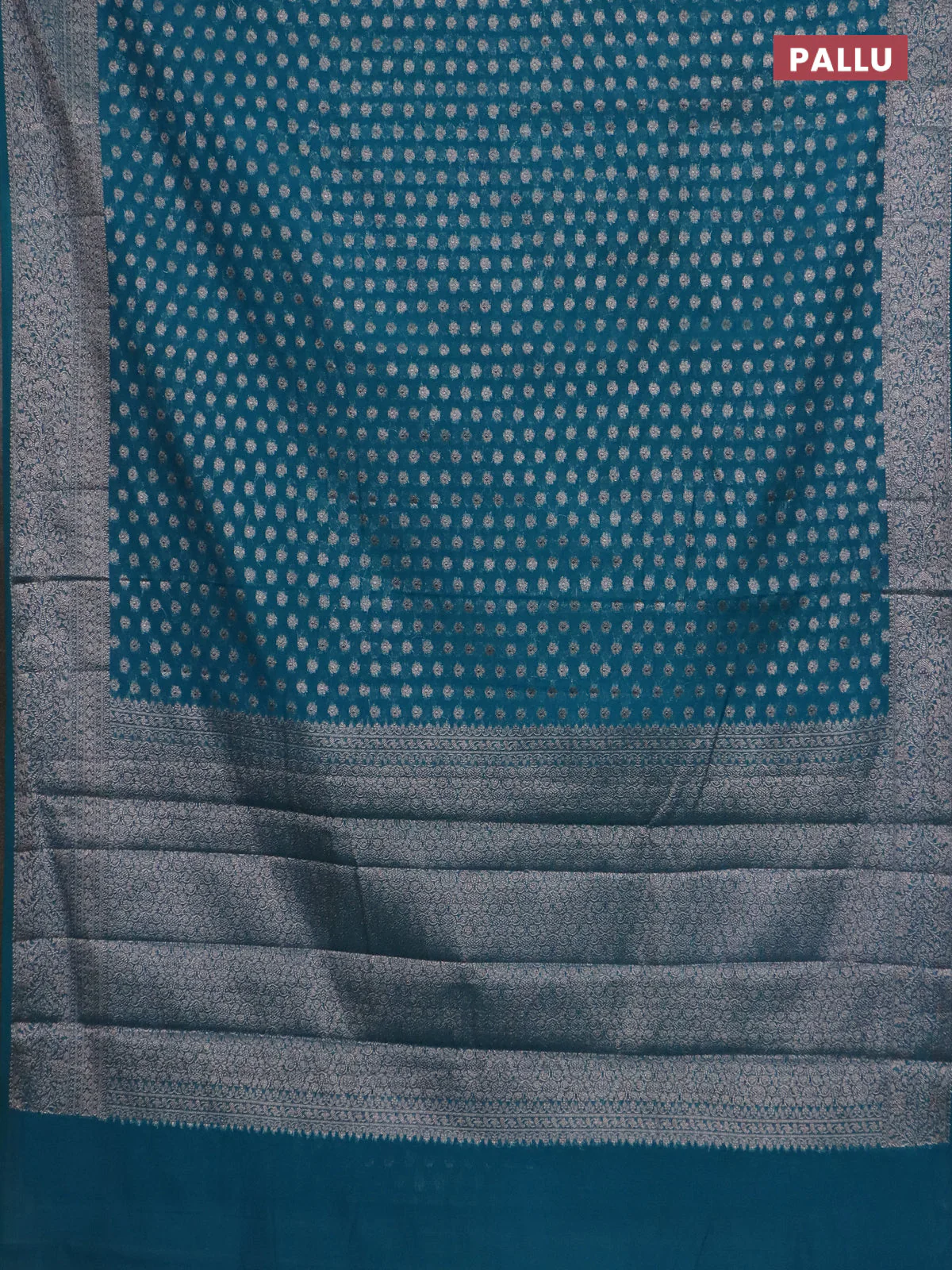 Banarasi semi chiniya saree teal green shade with allover thread & zari woven buttas and woven border - Image 3