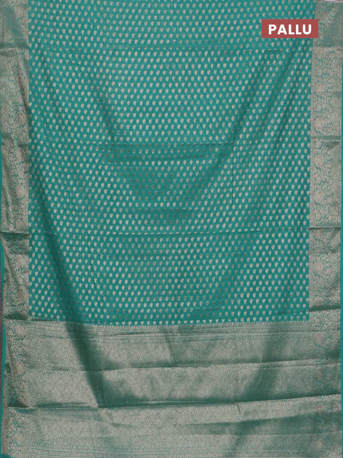 Banarasi semi chiniya saree teal green with allover thread & zari woven buttas and woven border - Image 3