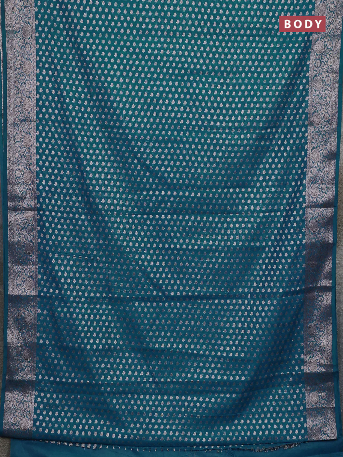 Banarasi semi chiniya saree teal green with allover thread & zari woven buttas and woven border - Image 2