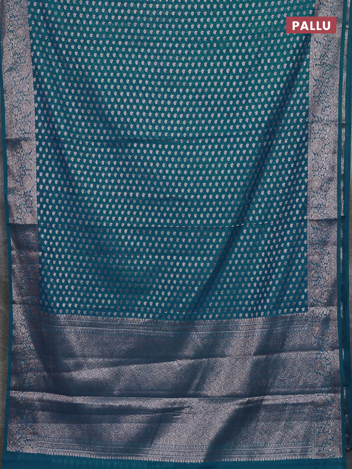 Banarasi semi chiniya saree teal green with allover thread & zari woven buttas and woven border - Image 3