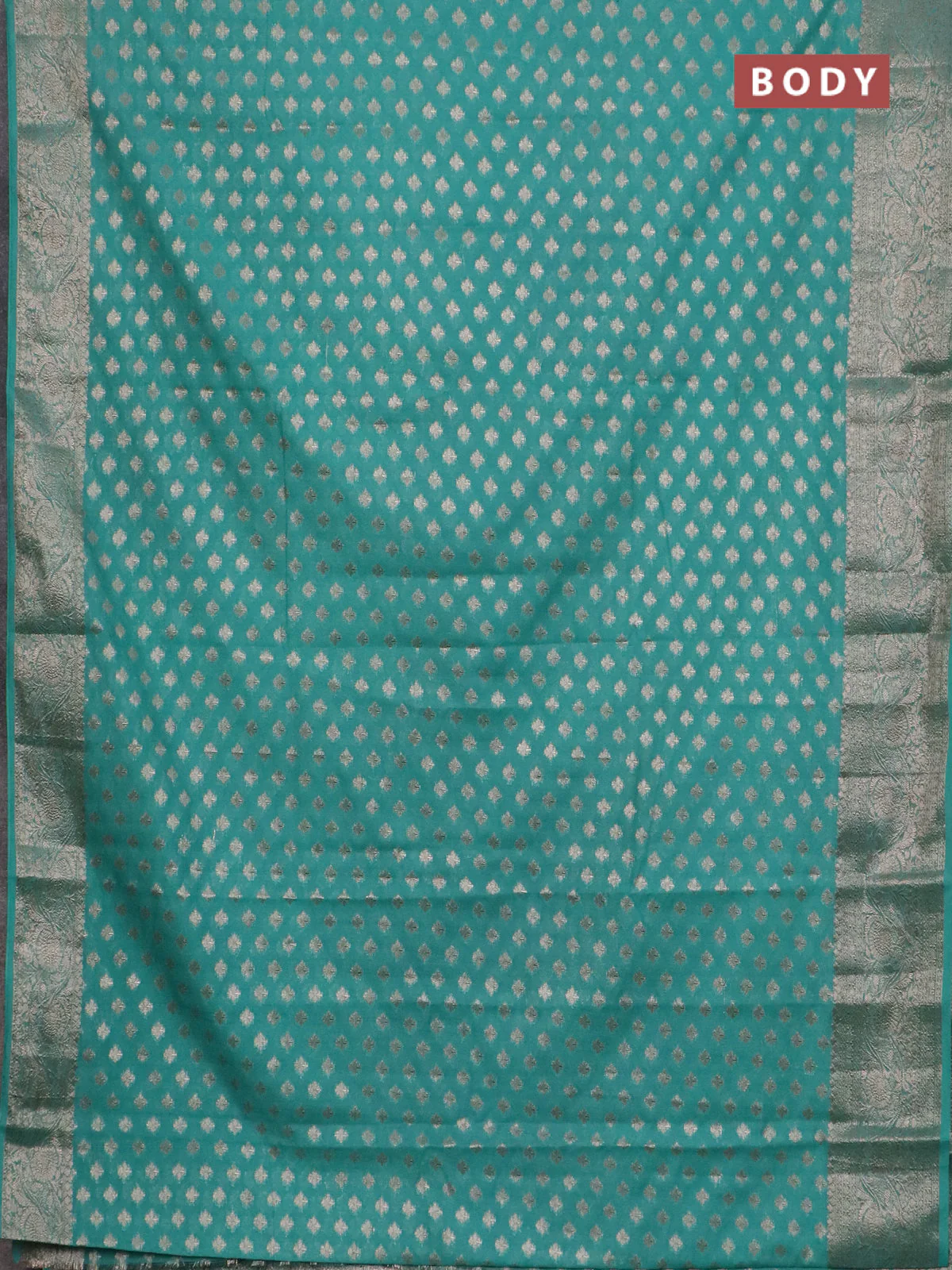 Banarasi semi chiniya saree teal green with allover thread & zari woven buttas and woven border - Image 2
