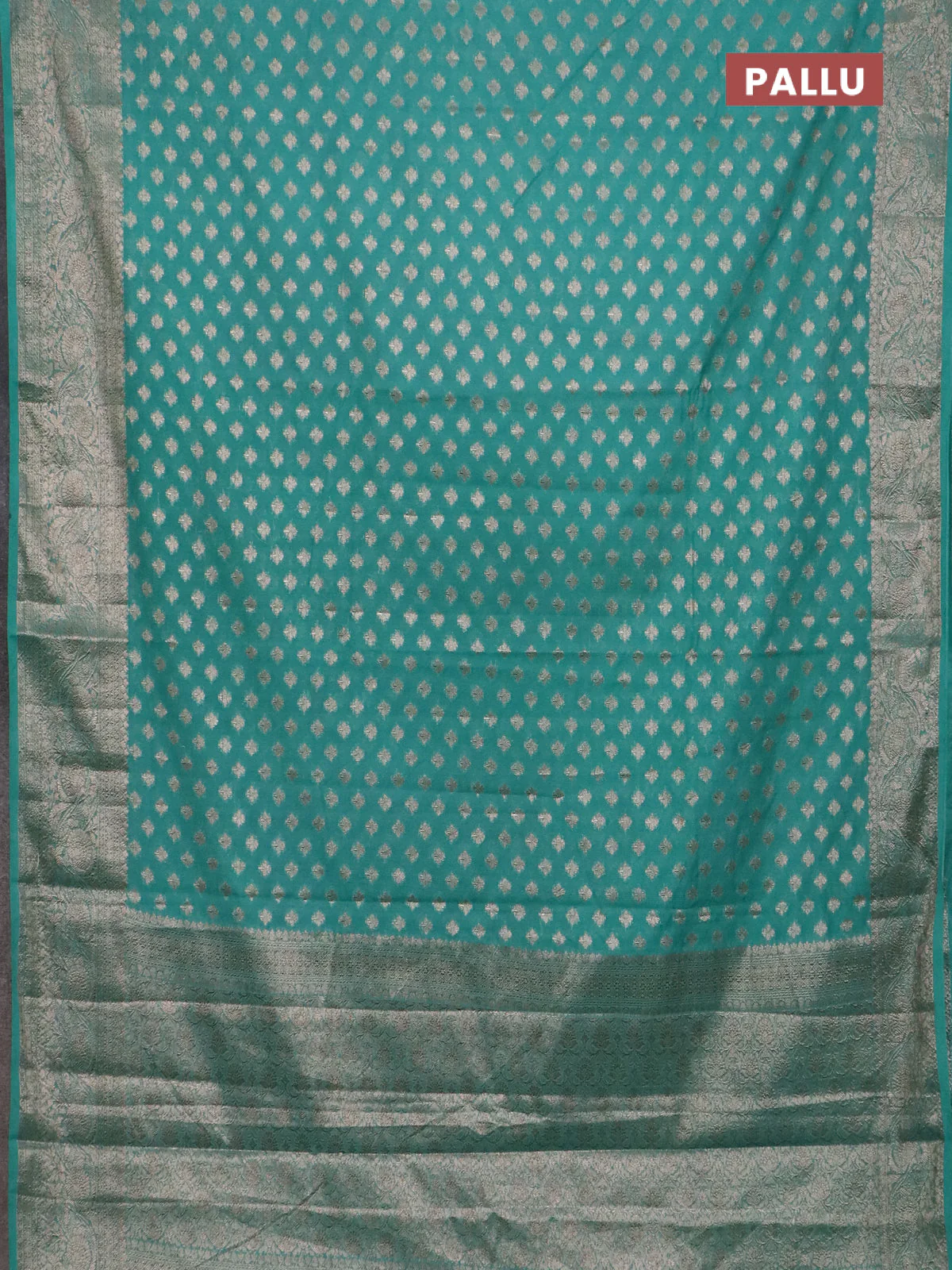 Banarasi semi chiniya saree teal green with allover thread & zari woven buttas and woven border - Image 3