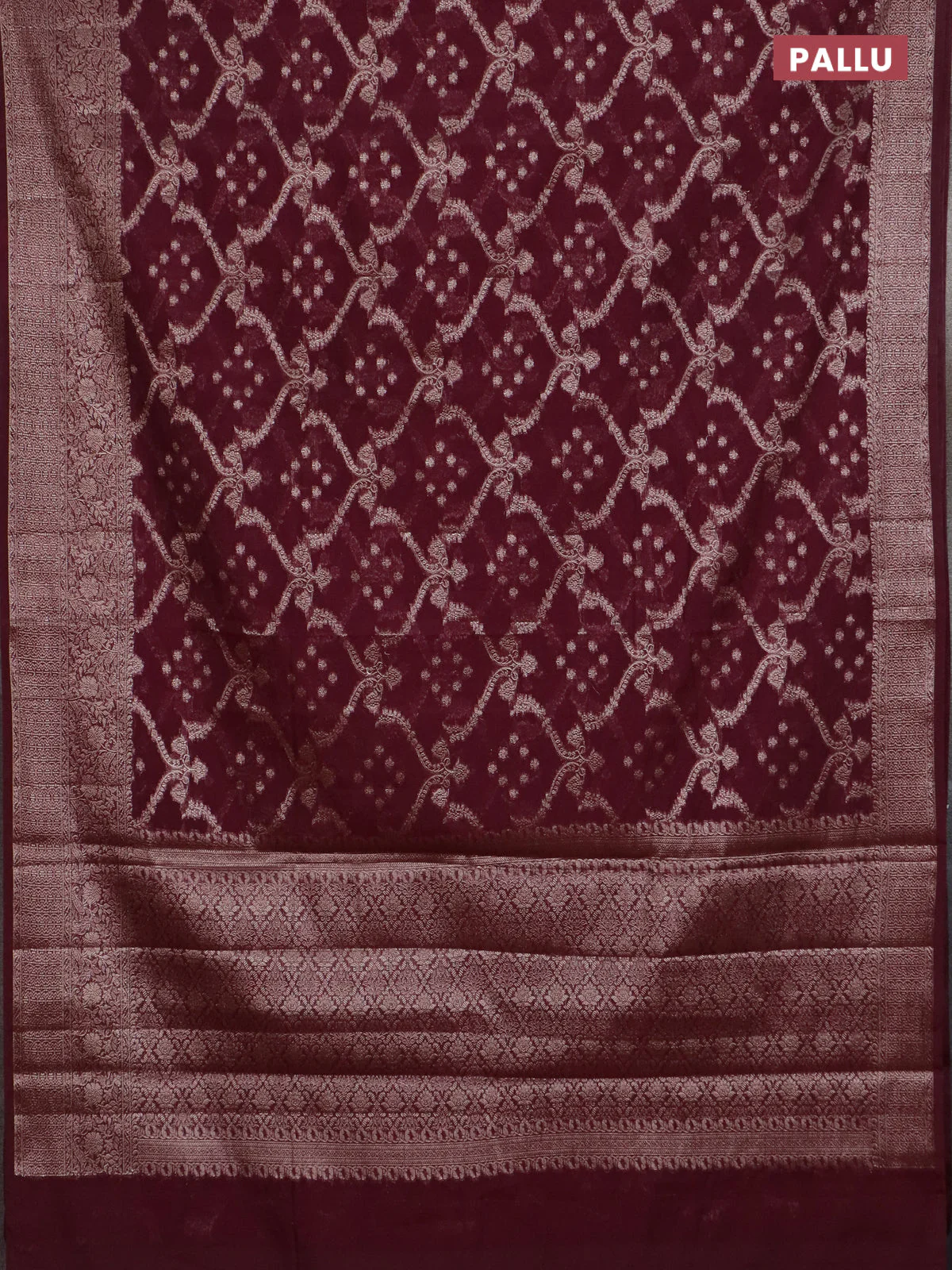 Banarasi semi chiniya saree wine shade with allover thread & zari weaves and woven border - Image 3