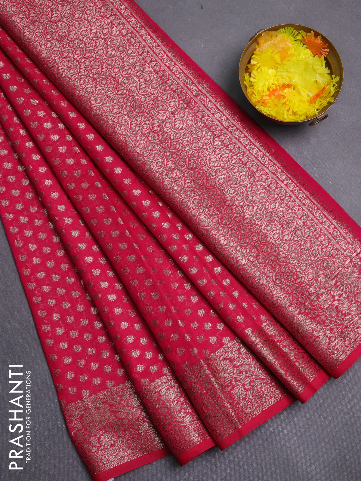 Banarasi semi chiniya saree wine shade with allover thread & zari woven buttas and woven border