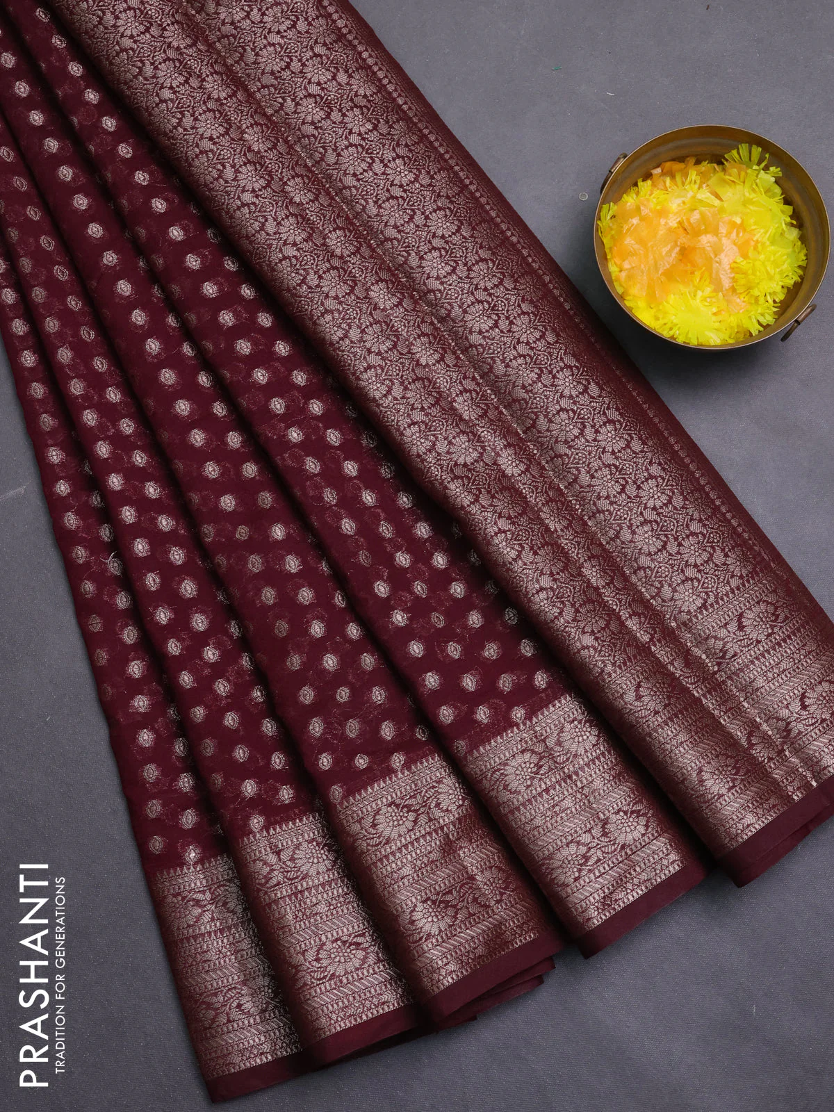 Banarasi semi chiniya saree wine shade with allover thread & zari woven buttas and woven border