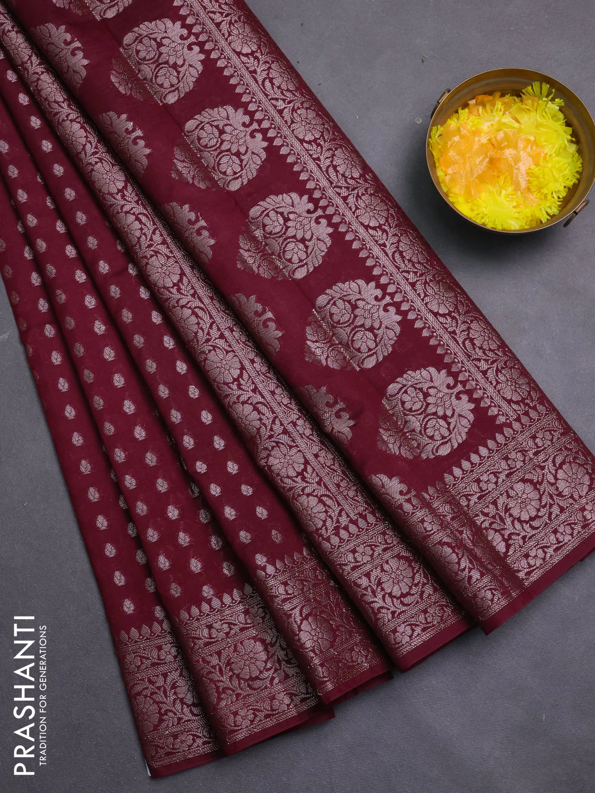 Banarasi semi chiniya saree wine shade with allover thread & zari woven buttas and woven border