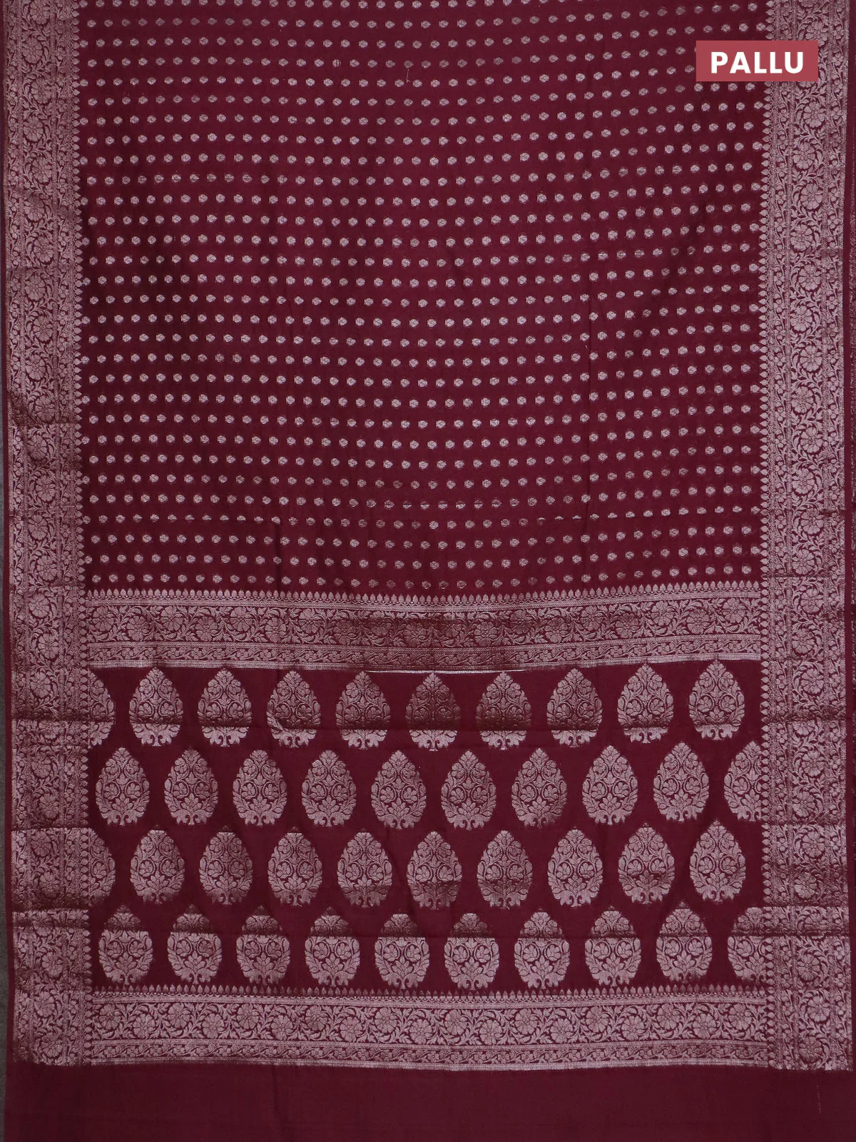 Banarasi semi chiniya saree wine shade with allover thread & zari woven buttas and woven border - Image 3