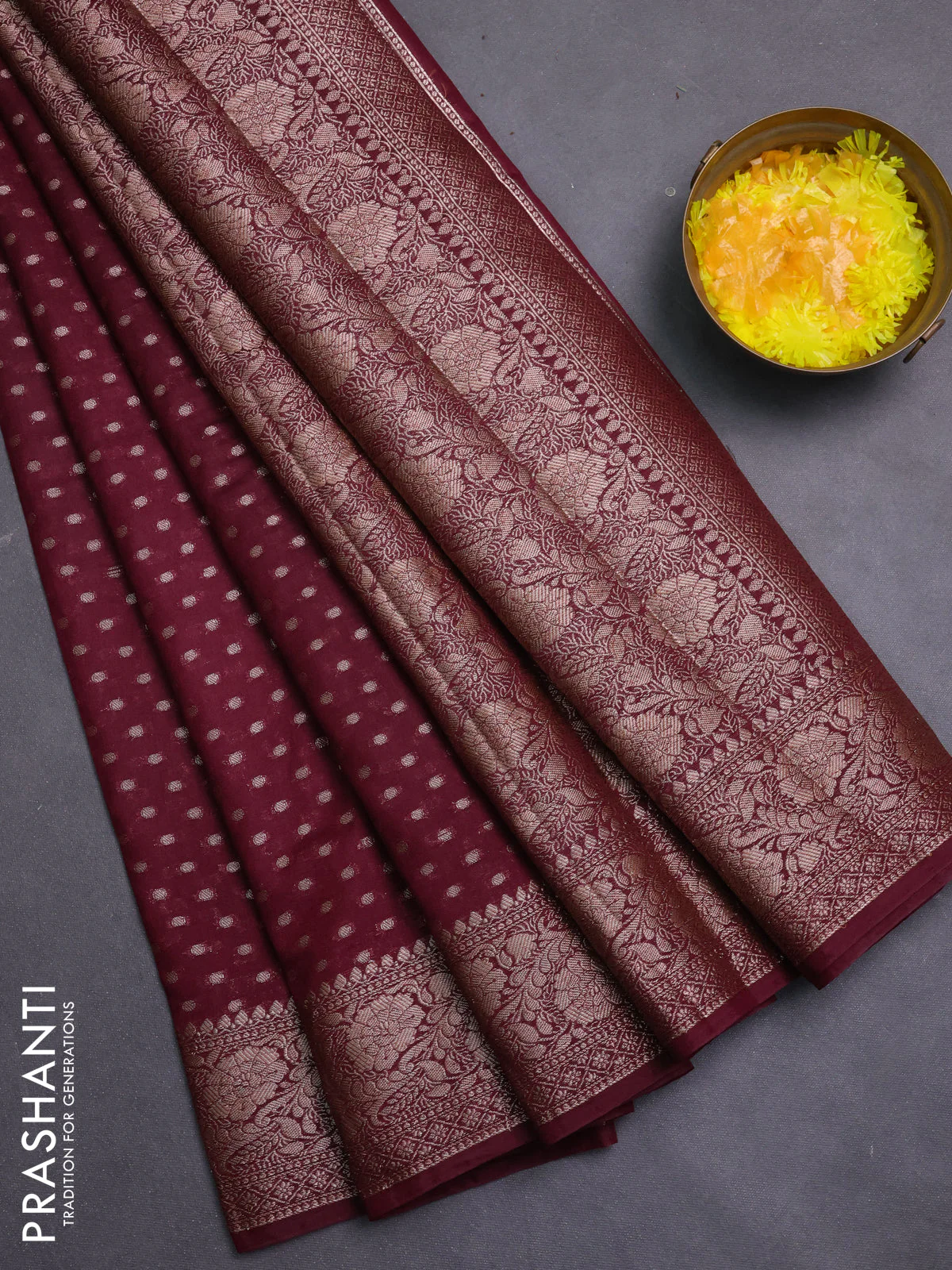 Banarasi semi chiniya saree wine shade with allover thread & zari woven buttas and woven border