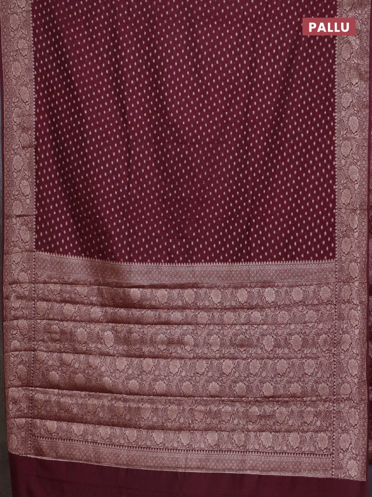 Banarasi semi chiniya saree wine shade with allover thread & zari woven buttas and woven border - Image 3