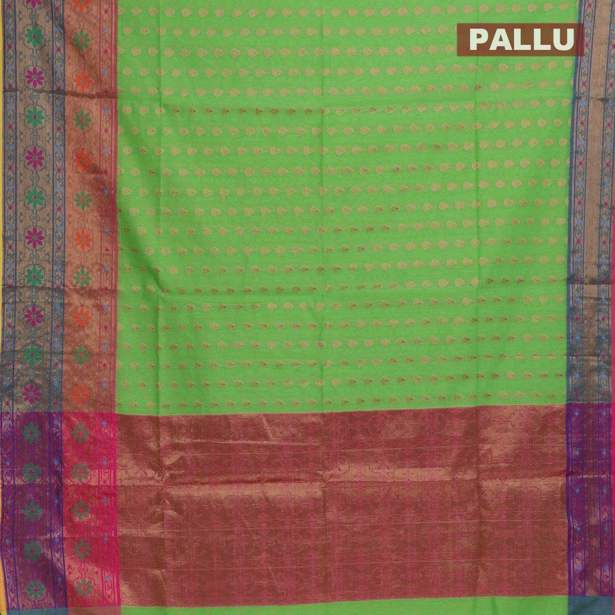 Banarasi semi cotton saree light green and pink with thread & zari woven buttas and long paithani border - Image 3