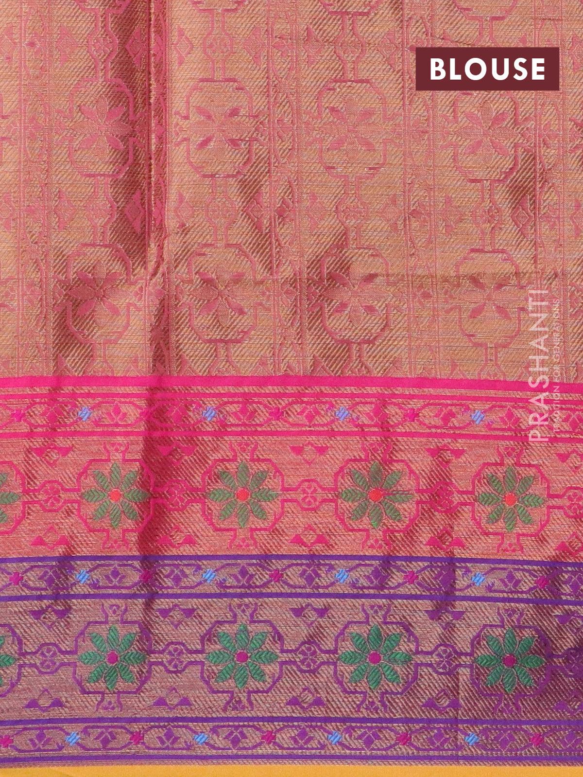 Banarasi semi cotton saree light green and pink with thread & zari woven buttas and long paithani border - Image 4