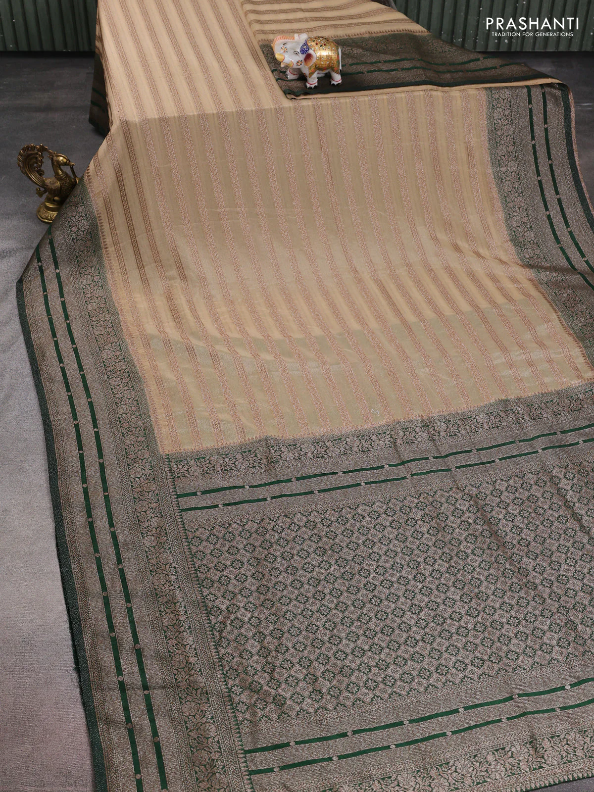Banarasi semi crepe saree beige and bottle green with allover zari weaves and long zari woven border - Image 2