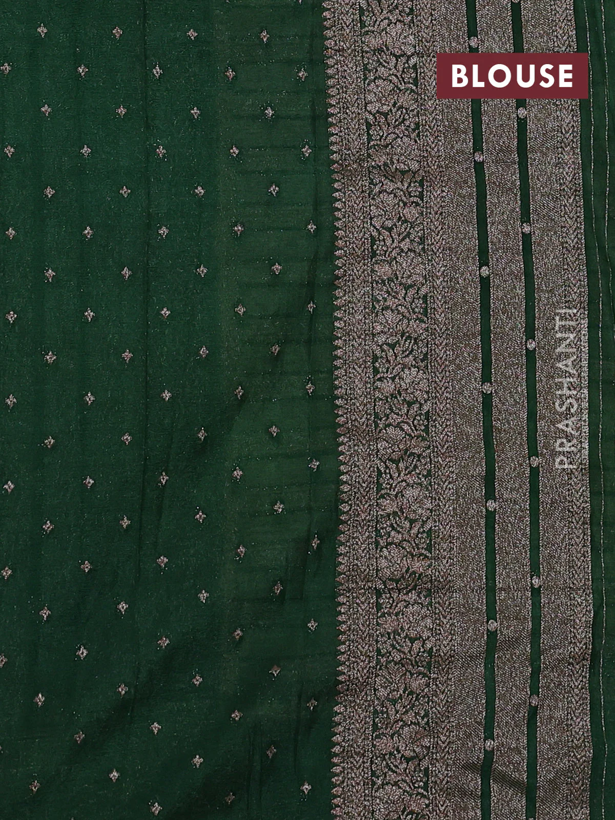 Banarasi semi crepe saree beige and bottle green with allover zari weaves and long zari woven border - Image 3