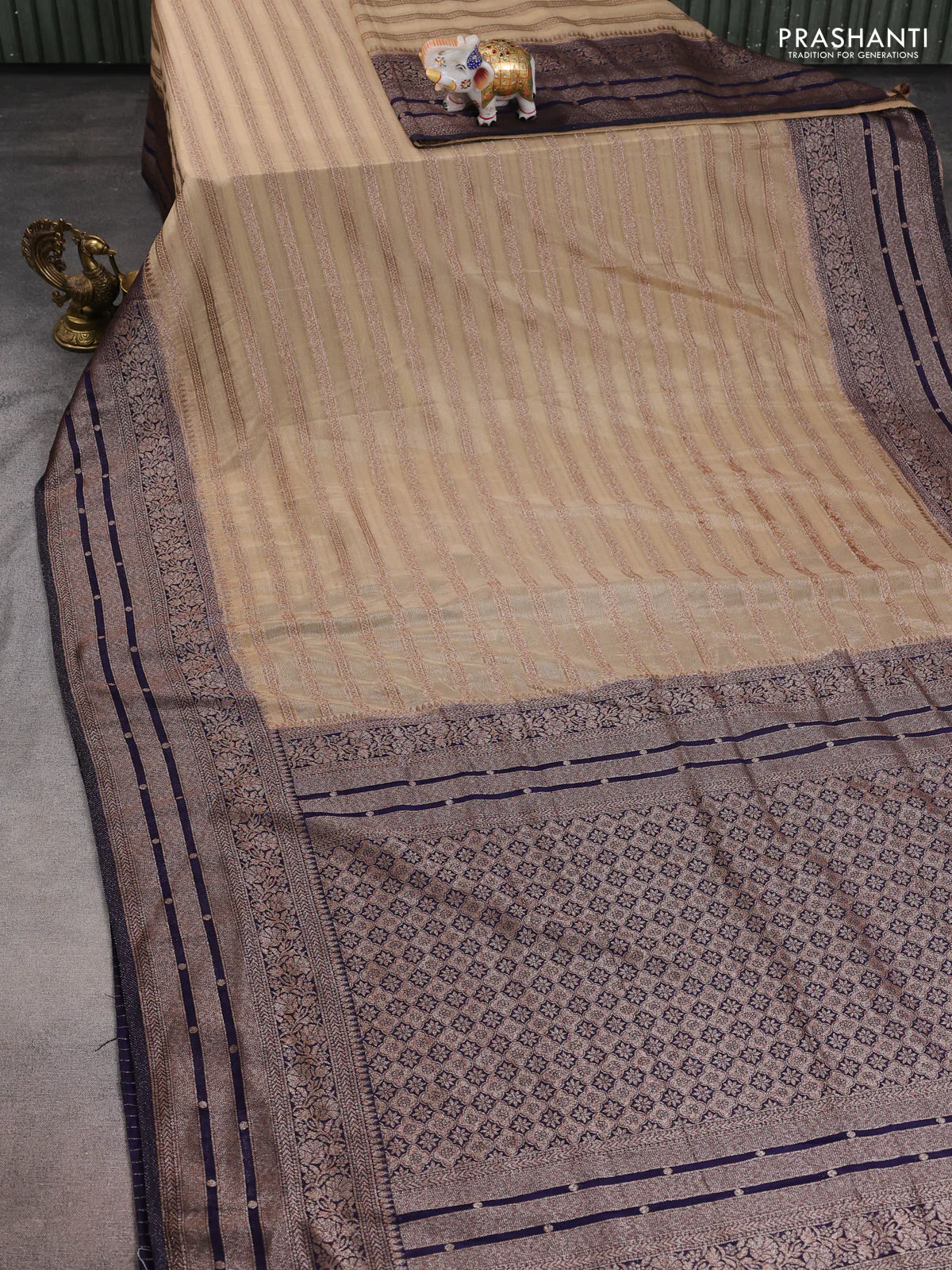 Banarasi semi crepe saree beige and navy blue with allover zari weaves and long zari woven border - Image 2
