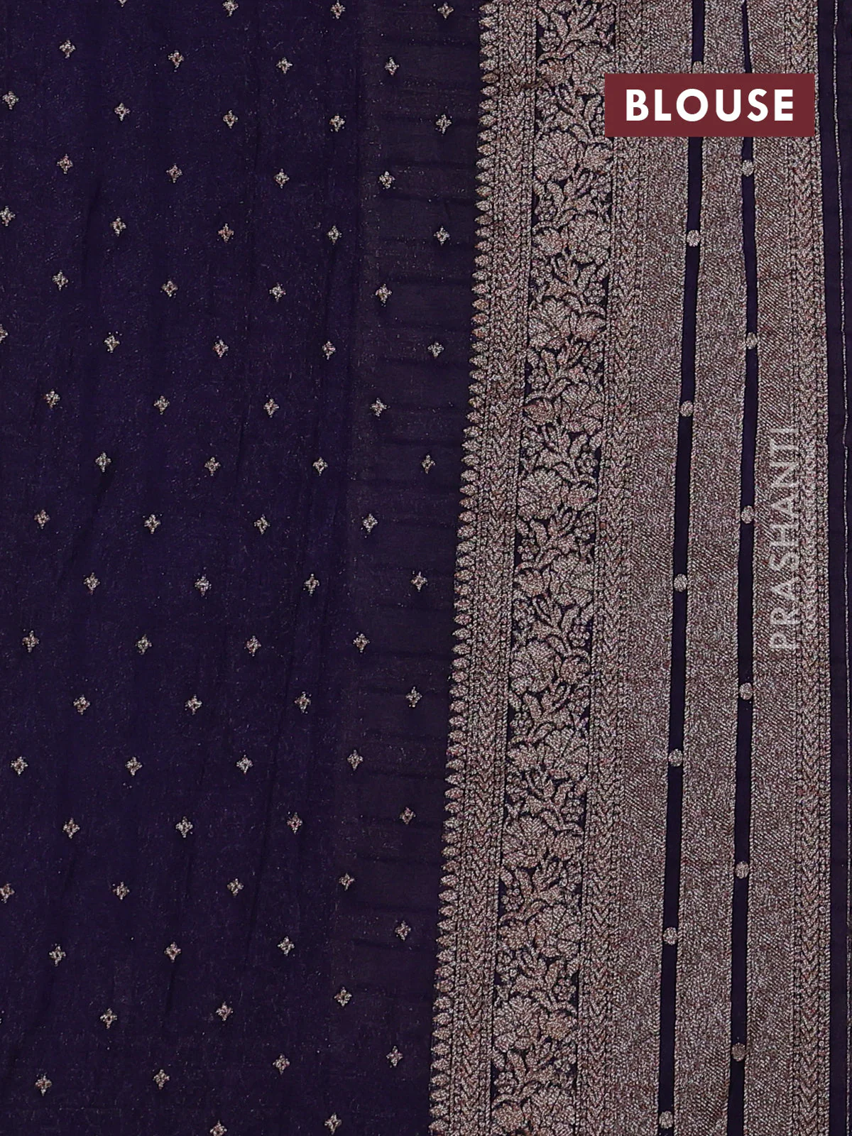 Banarasi semi crepe saree beige and navy blue with allover zari weaves and long zari woven border - Image 3