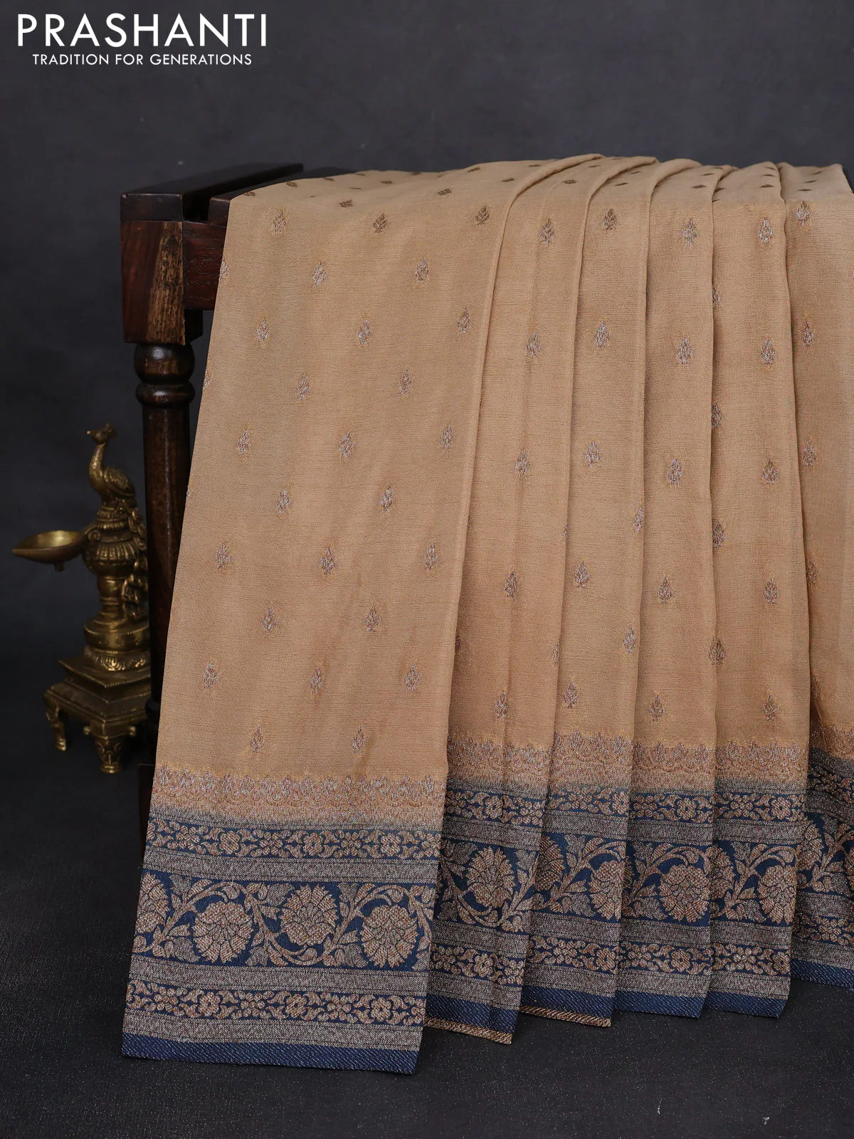 Banarasi semi crepe saree beige and peacock blue with allover thread & zari woven buttas and woven border