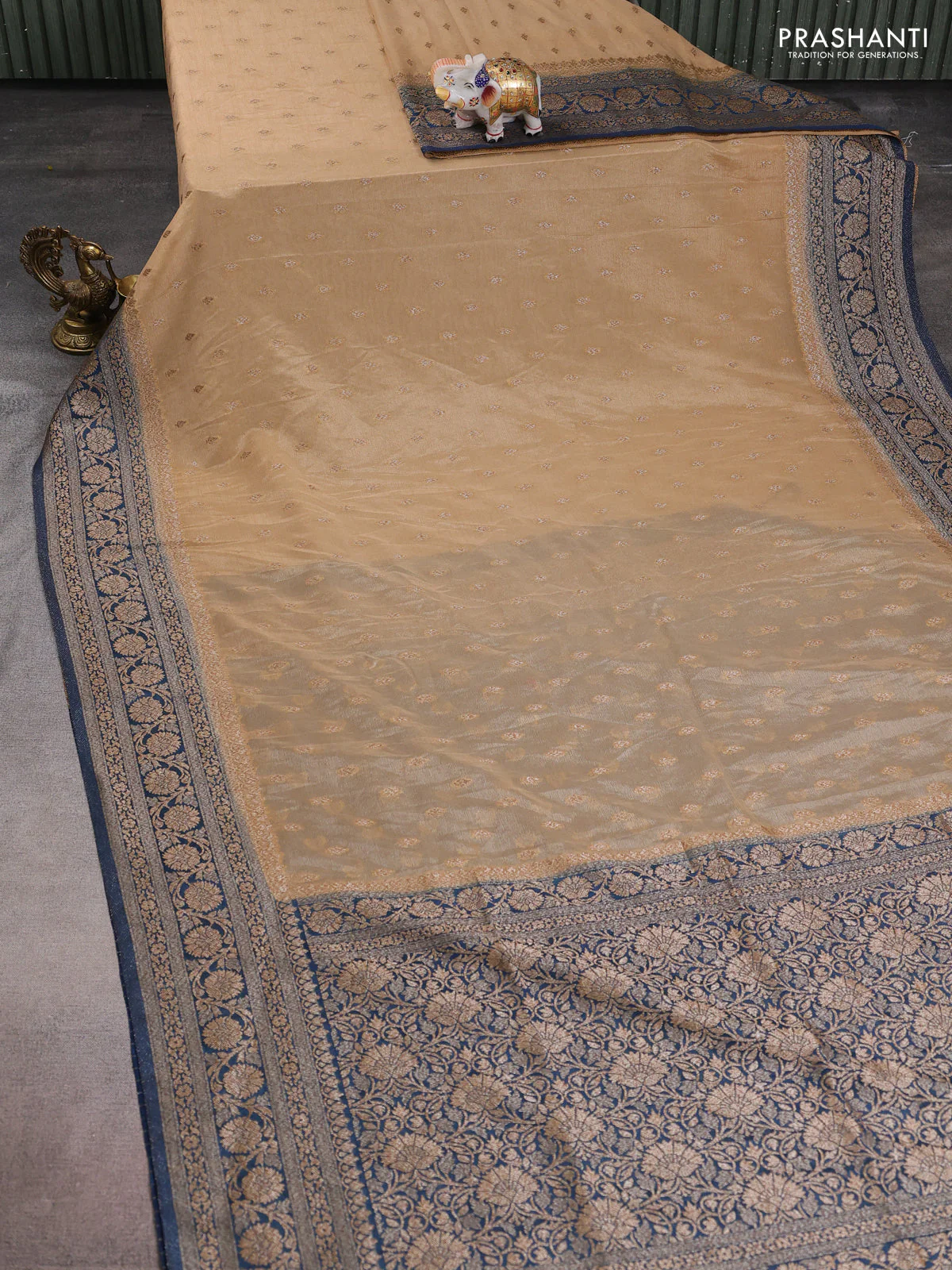 Banarasi semi crepe saree beige and peacock blue with allover thread & zari woven buttas and woven border - Image 2