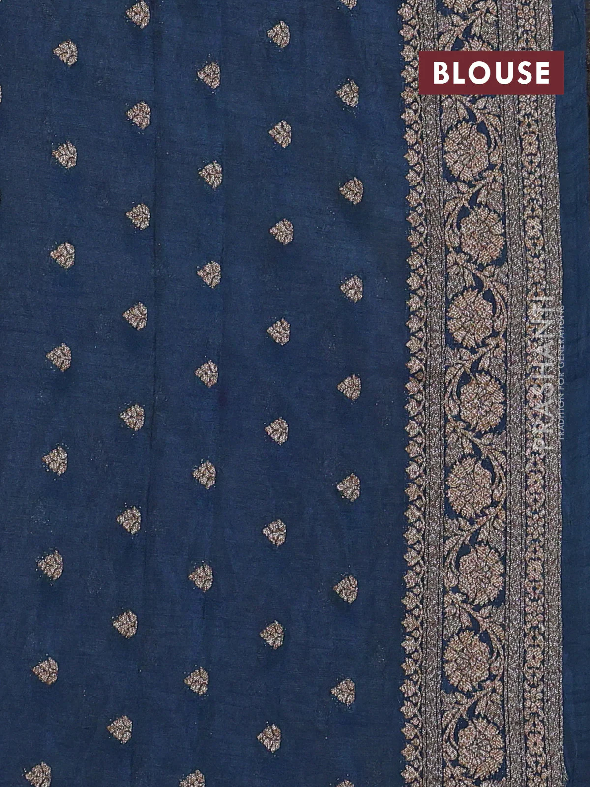 Banarasi semi crepe saree beige and peacock blue with allover thread & zari woven buttas and woven border - Image 3