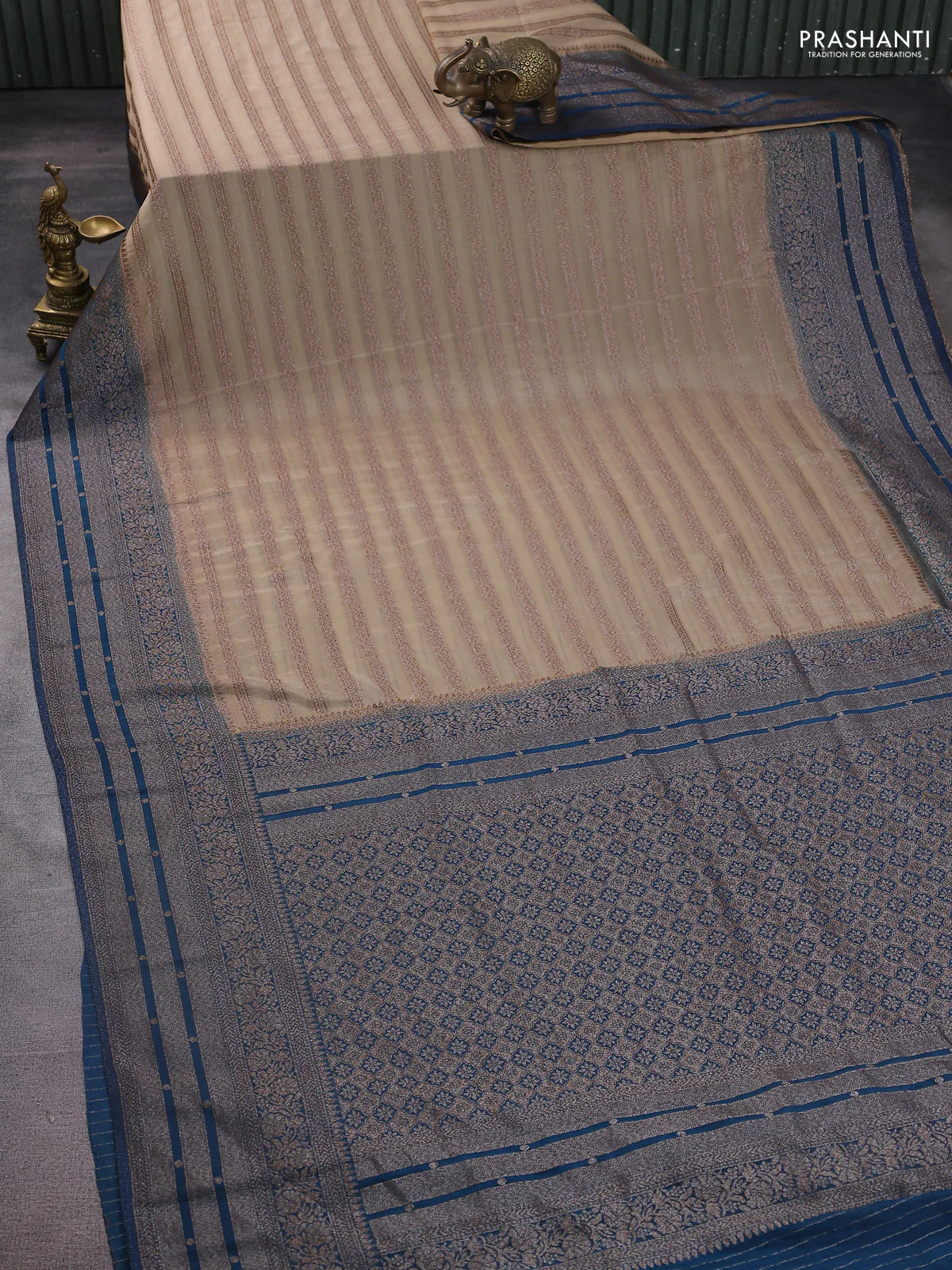 Banarasi semi crepe saree beige and peacock green with allover zari weaves and long zari woven border - Image 2