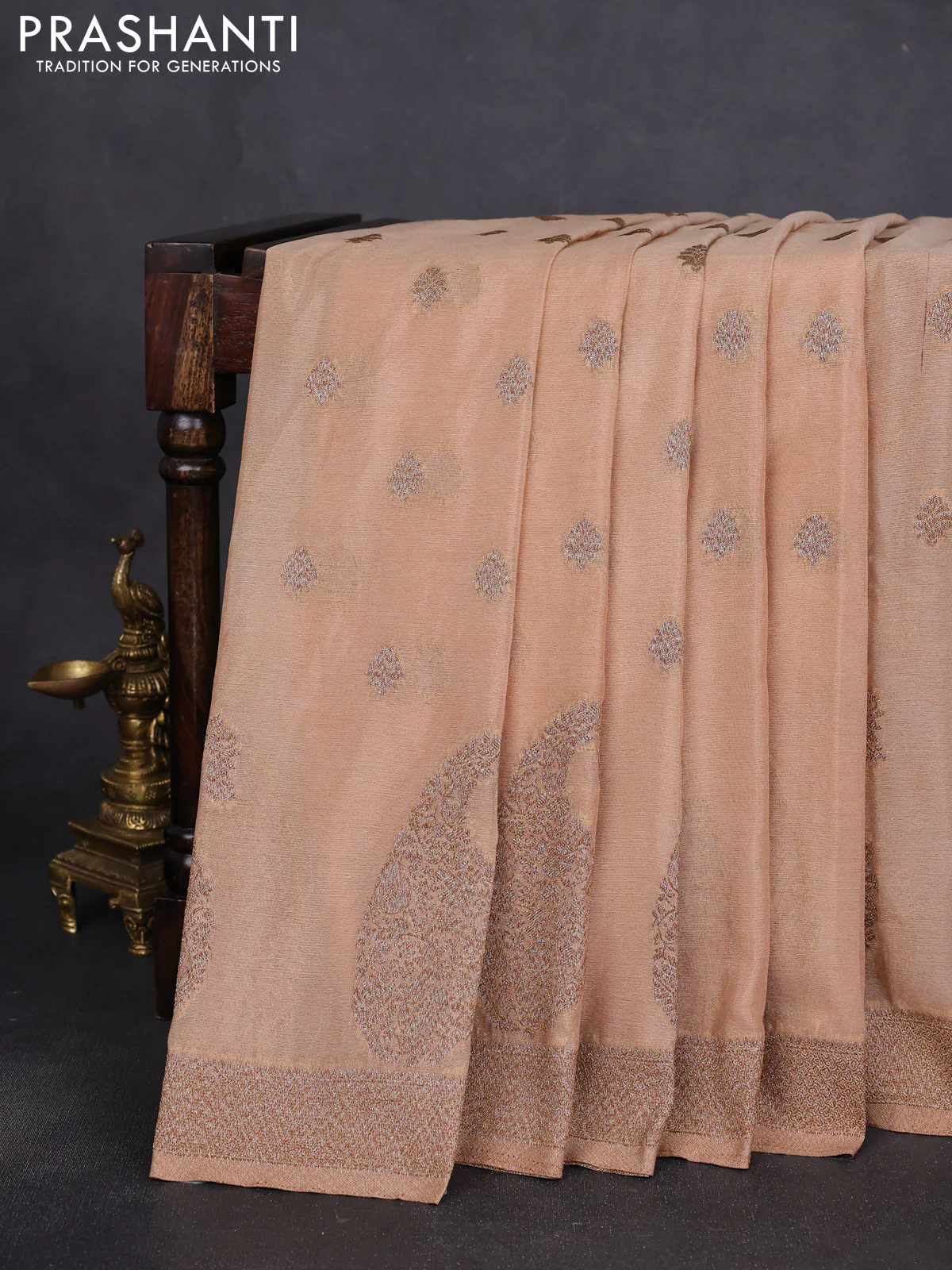 Banarasi semi crepe saree beige with allover thread & zari woven buttas and zari woven border