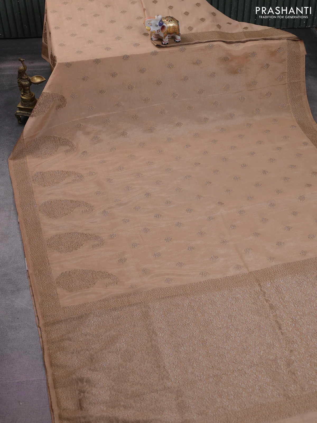 Banarasi semi crepe saree beige with allover thread & zari woven buttas and zari woven border - Image 2