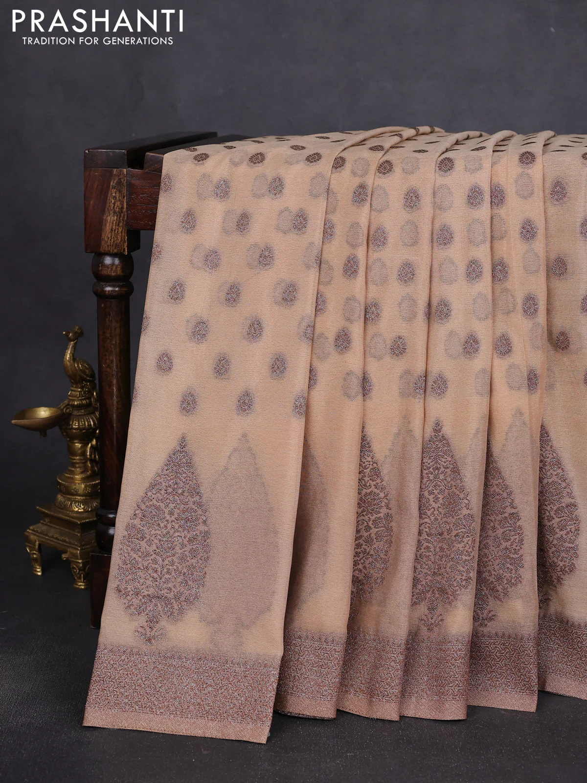 Banarasi semi crepe saree beige with allover thread & zari woven buttas and zari woven border