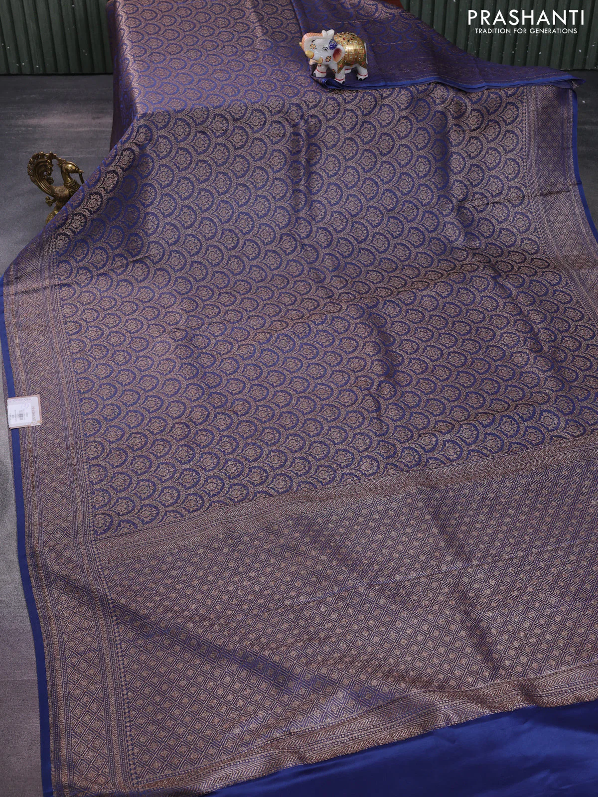 Banarasi semi crepe saree blue with allover thread & zari woven brocade weaves and woven border - Image 2