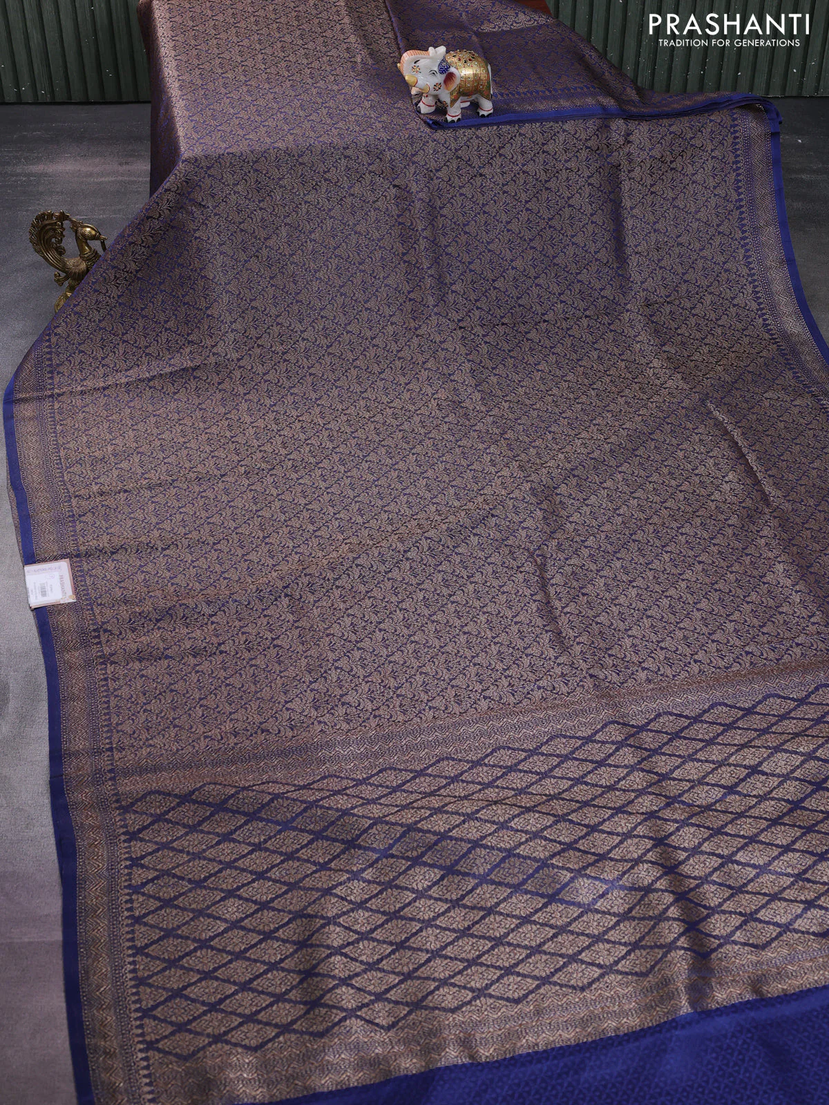 Banarasi semi crepe saree blue with allover thread & zari woven brocade weaves and woven border - Image 2