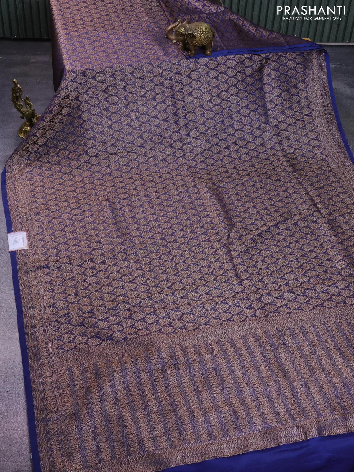Banarasi semi crepe saree blue with allover thread & zari woven brocade weaves and woven border - Image 2
